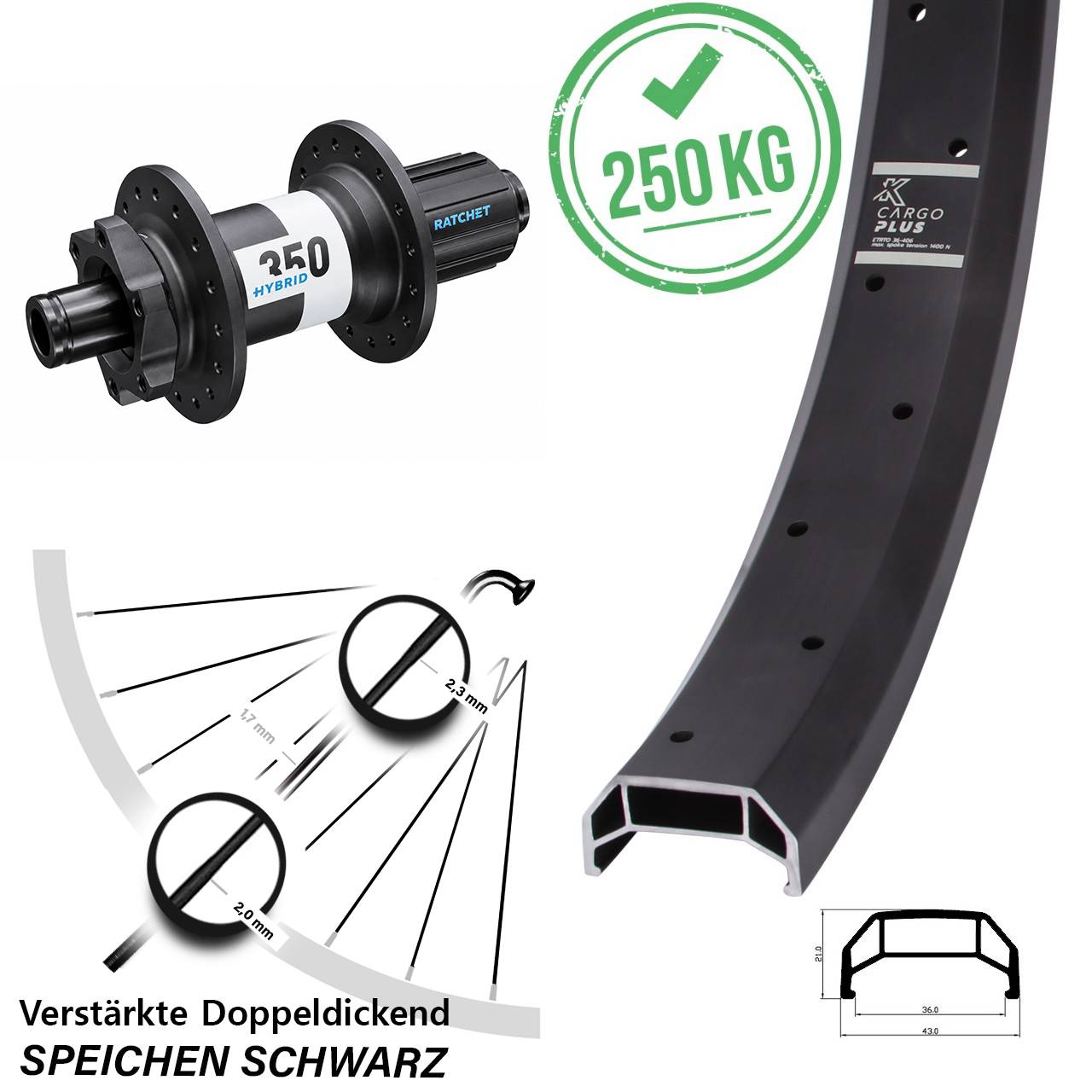 6-Loch Hinterrad 26 Zoll KX Cargo Plus DT Swiss 350 Hybrid 8-11 fach HG 12x148 Boost