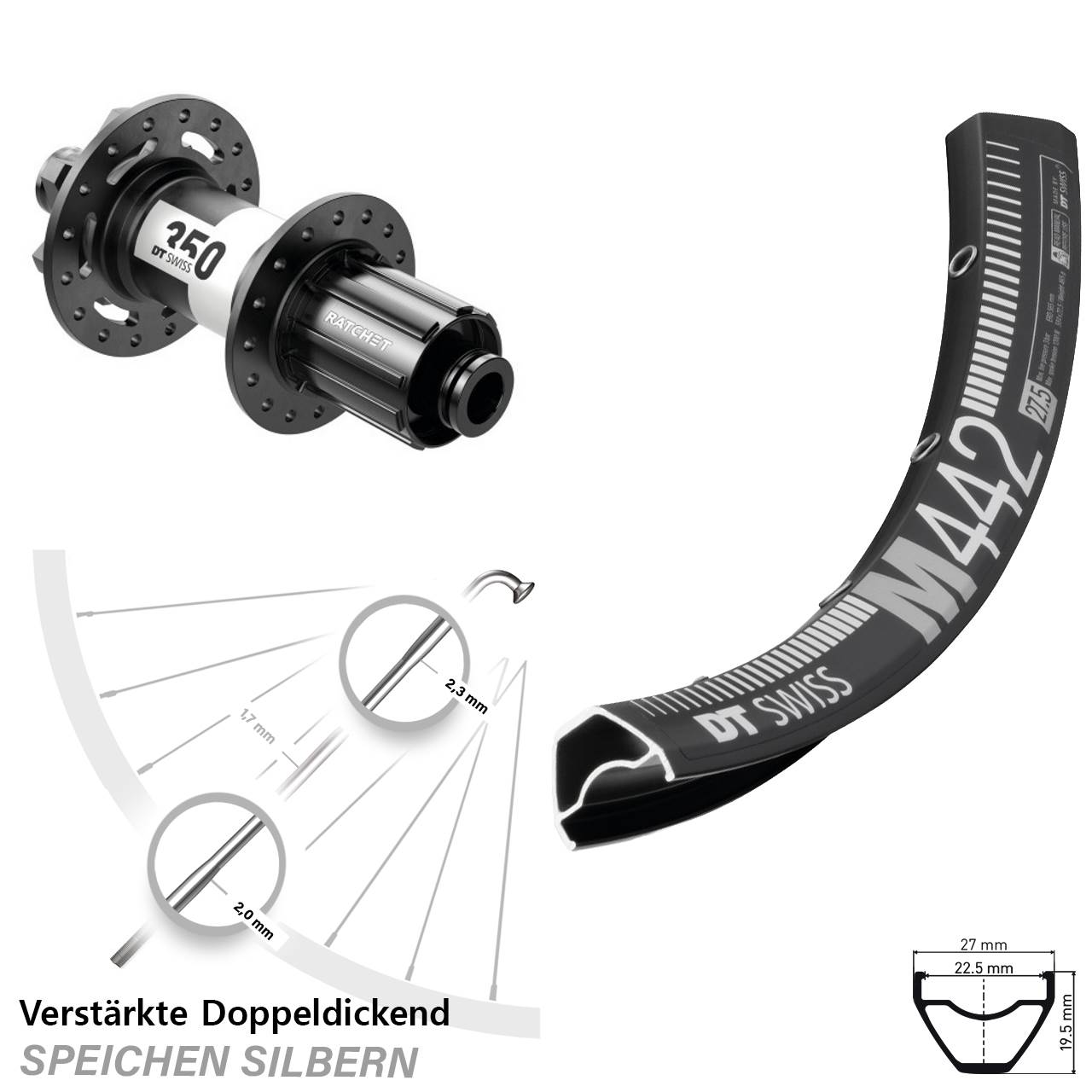 DT Swiss M442-350 Ratchet 36 28-29 Zoll Hinterrad 6-Loch 12x148 8-11 fach HG