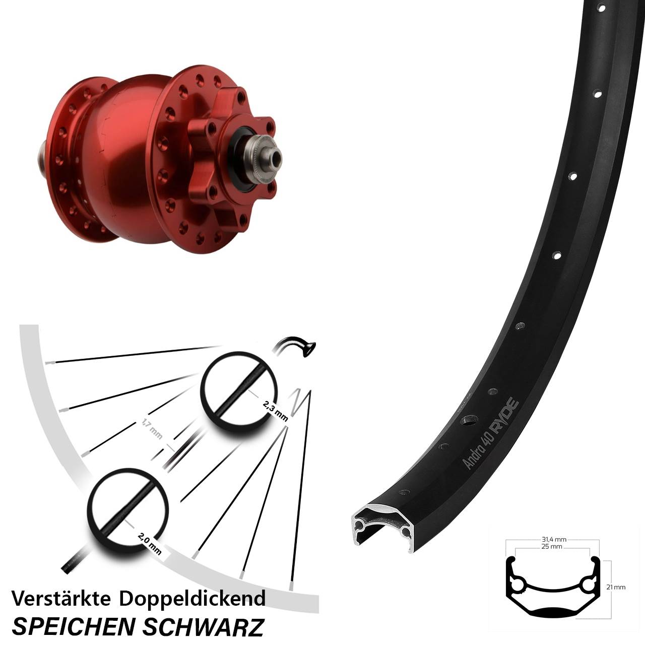 Nabendynamovorderrad 6-Loch 28-29 Zoll Ryde Andra 40 Disc SON 28 rot QR