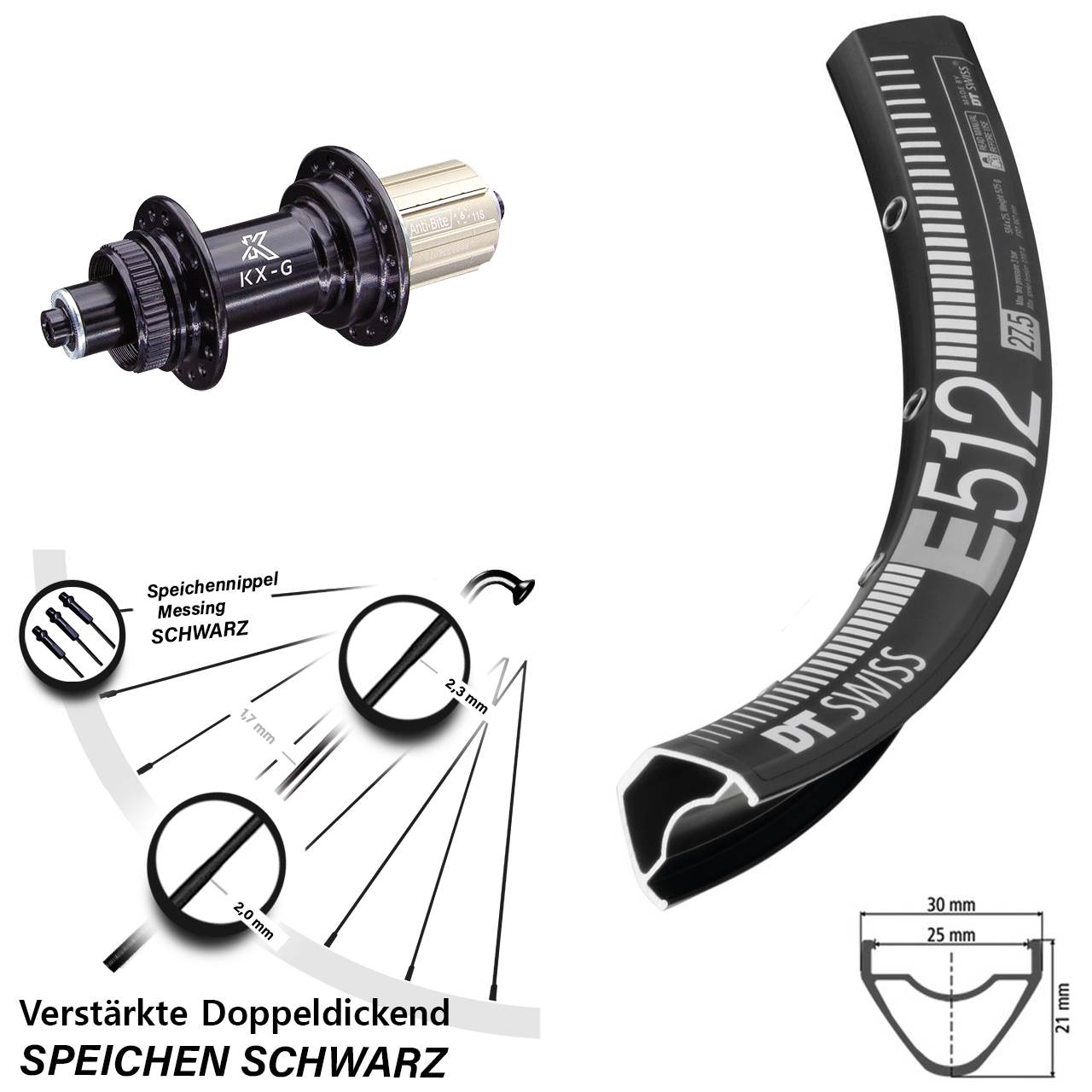29 Zoll DT Swiss E 512 KX-G Centerlock Hinterrad QR 8-12 fach HG