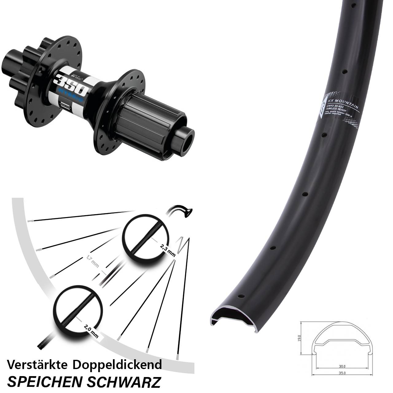 verstärktes 29 Zoll E-Bike Hinterrad KX Mountain TR DT Swiss 350 Hybrid Boost 11-fach