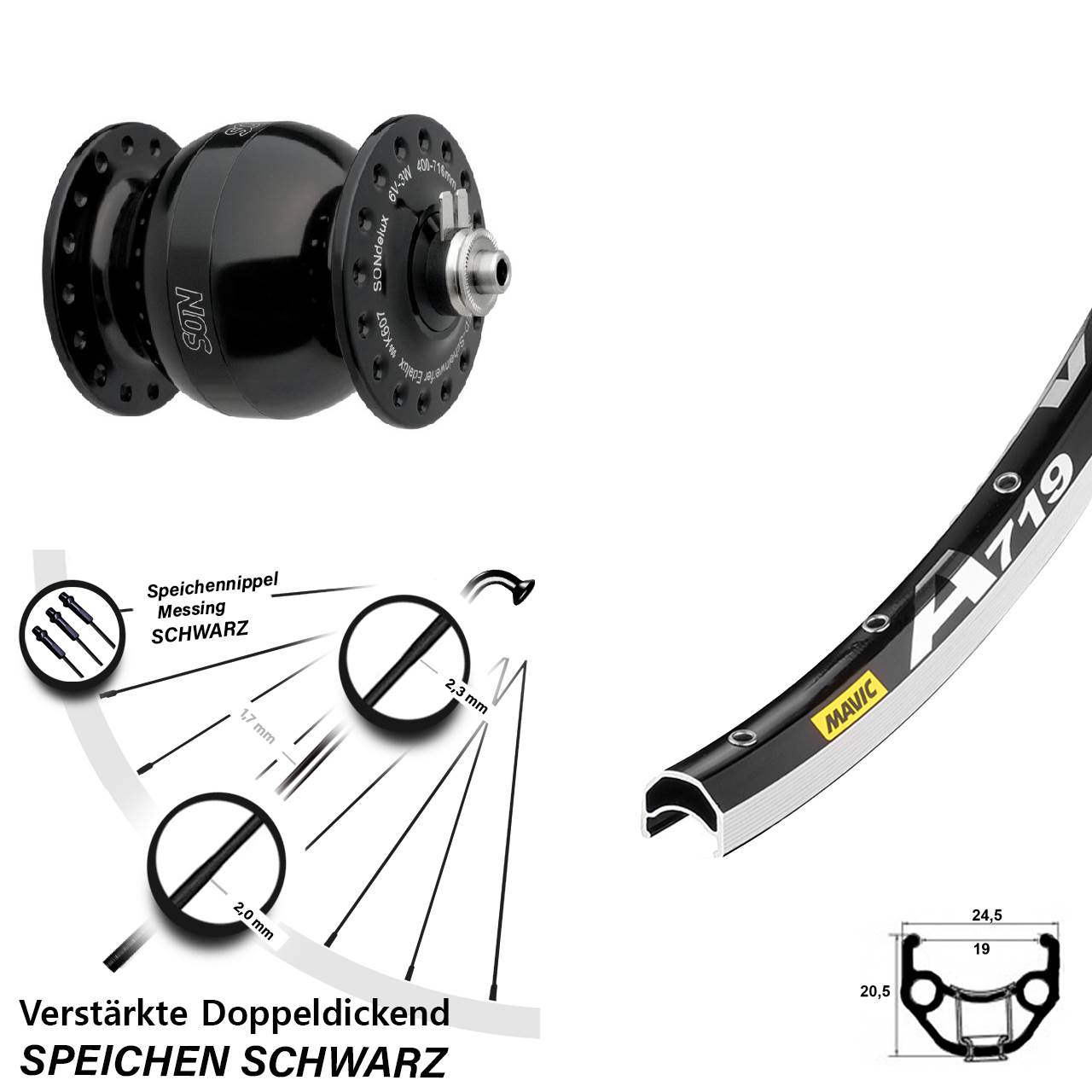 SON delux wide body Mavic A 719 28 Zoll Nabendynamovorderrad QR