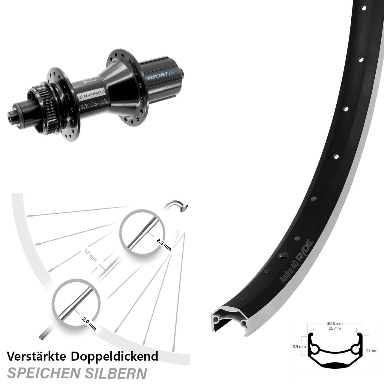 28 Zoll Ryde Andra 40 DT Swiss 370 Hybrid Hinterrad QR 8-11 fach