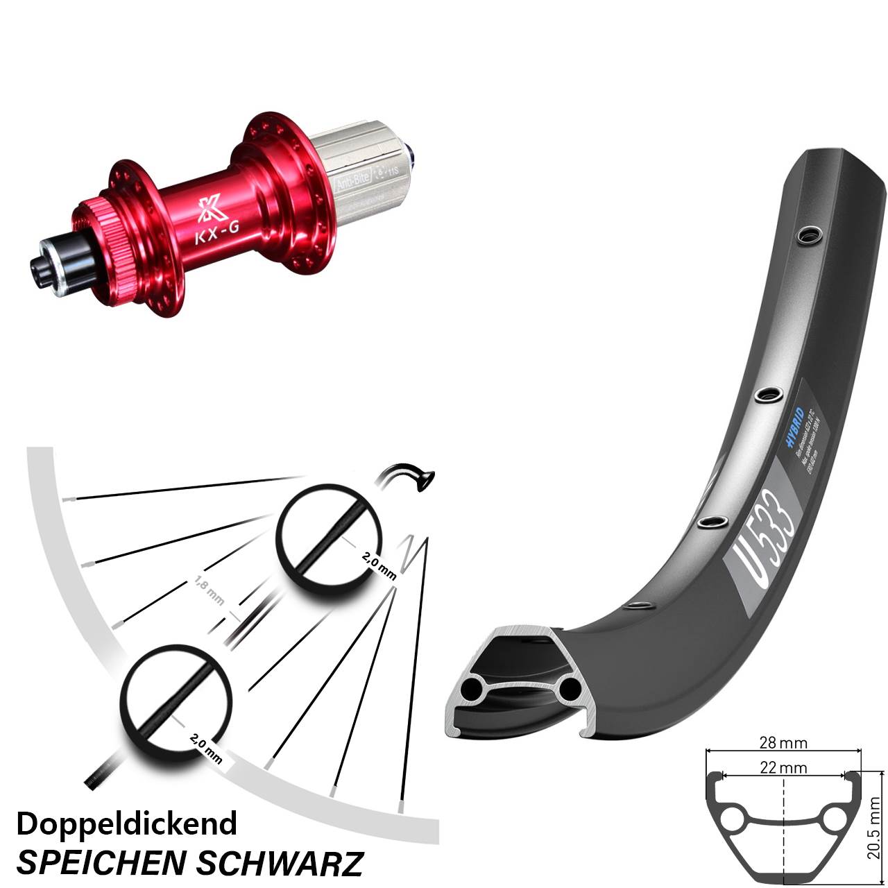 Centerlock Hinterrad QR 28-29 Zoll DT Swiss U533 KX-G rot 8-12 fach HG