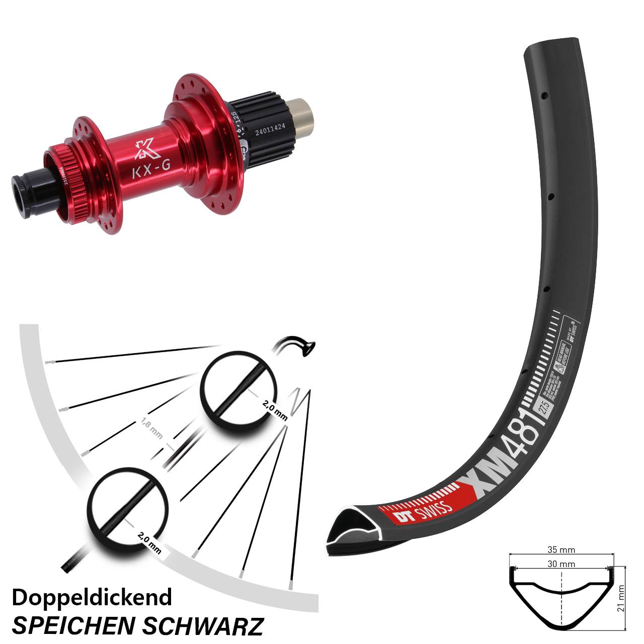 DT Swiss XM 481 27,5 Zoll Hinterrad KX-G rot Micro Spline 12x142