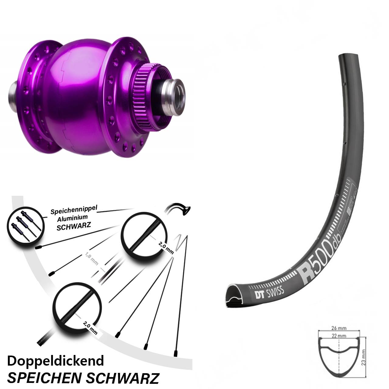 28 Zoll DT Swiss R 500 SON 28 violett Dynamo-Vorderrad Centerlock 12x100