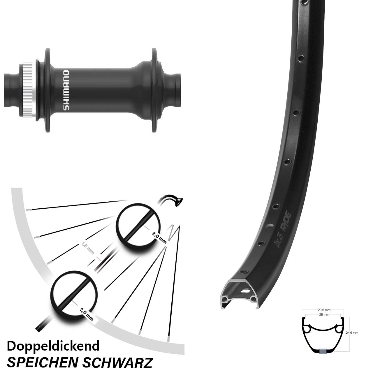 Disc Vorderrad 28-29 Zoll Ryde ZAC 25 Shimano HB-MT410-B 15x110 Boost