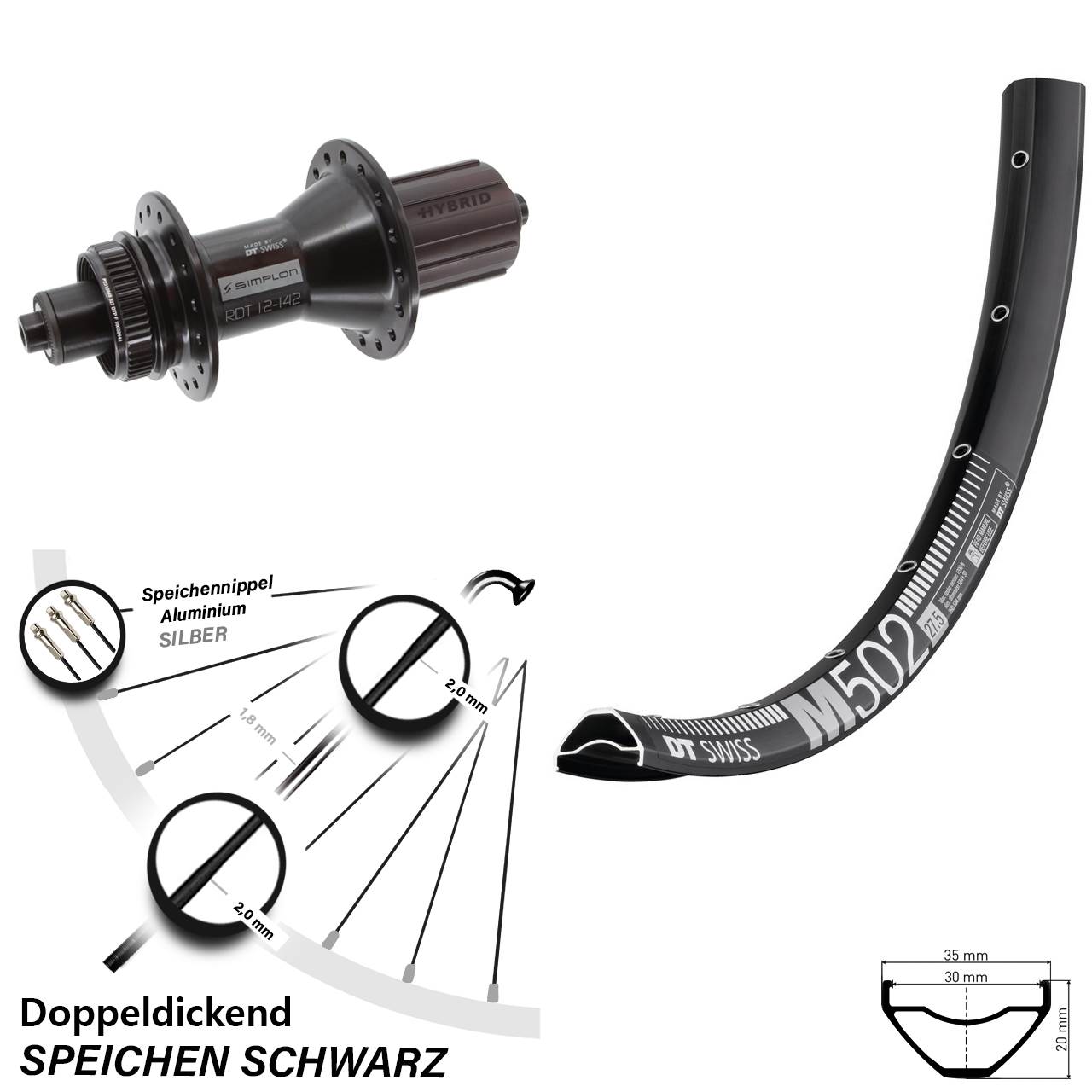 29 Zoll Hinterrad DT Swiss M 502-370 Hybrid Centerlock 8-11 fach QR