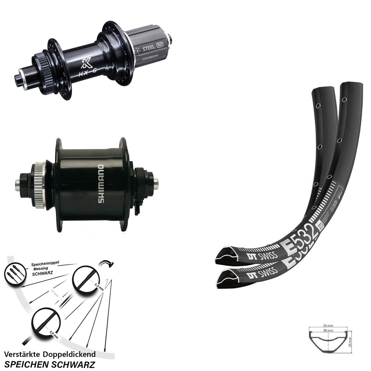 Laufradsatz für Schnellspanner 27,5 Zoll DT Swiss E532 KX-GS Shimano DH-UR700 8-12 fach HG