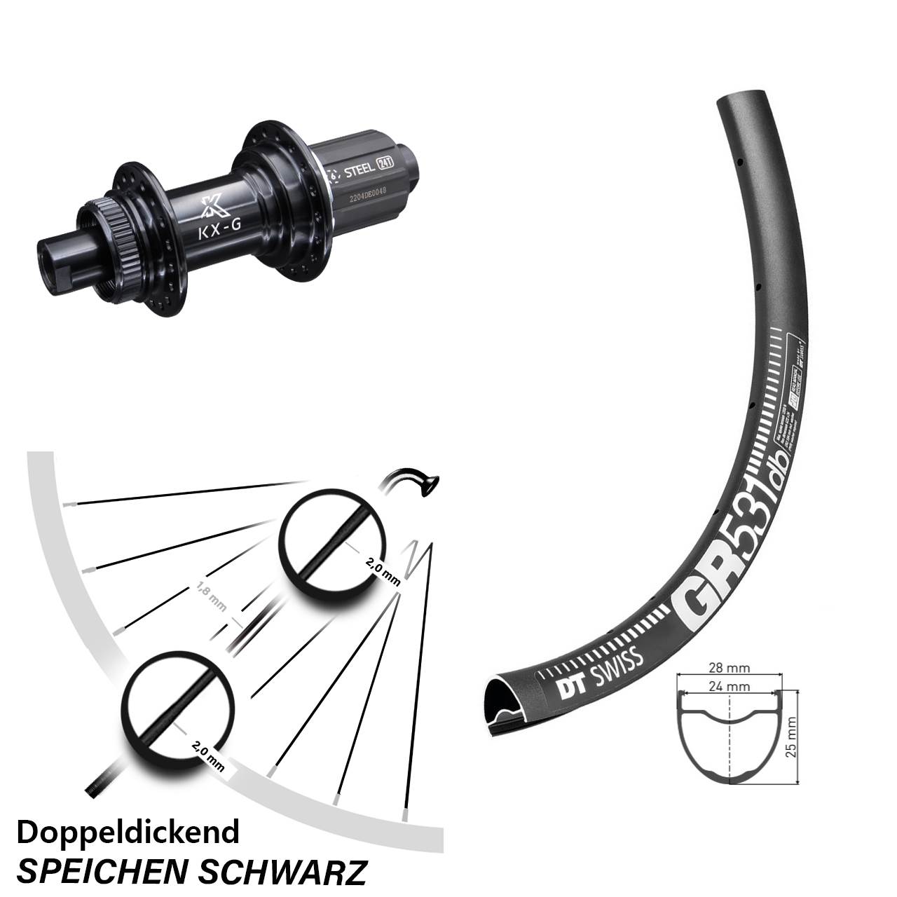 KX-GS 12x142 mm Centerlock DT Swiss GR531 Gravel Hinterrad 28-29 Zoll 8-12 fach