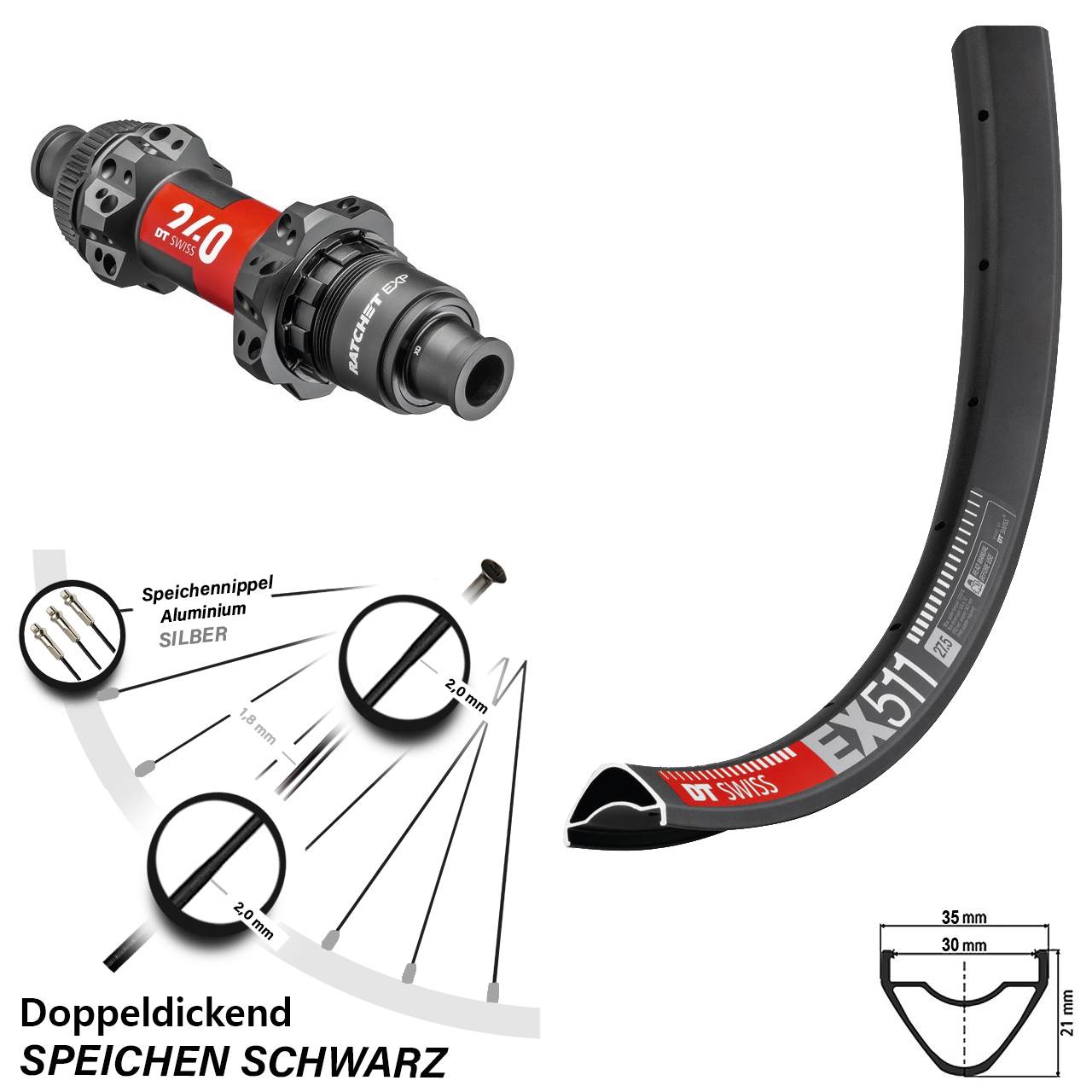 DT Swiss EX 511 Enduro MTB Hinterrad 27,5 Zoll 240 EXP Boost Sram XD Straightpull