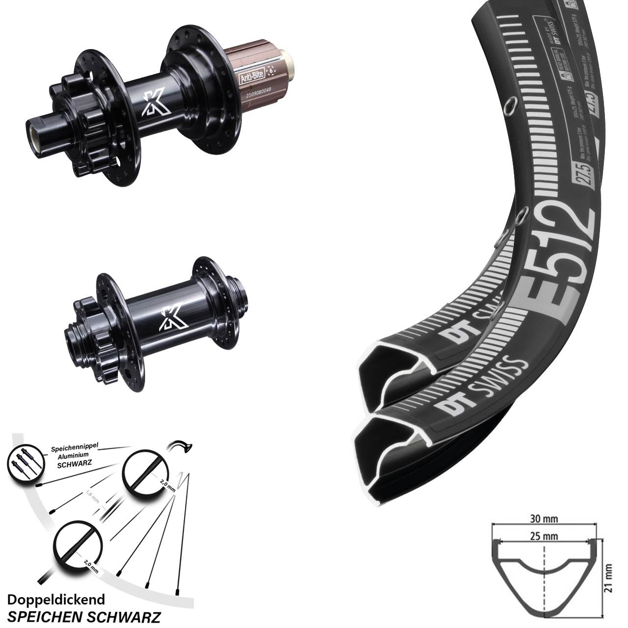 Laufradsatz 29 Zoll DT Swiss E 512 KX-M 6-Loch Disc Steckachse 15x100 12x142 mm 8-12 fach