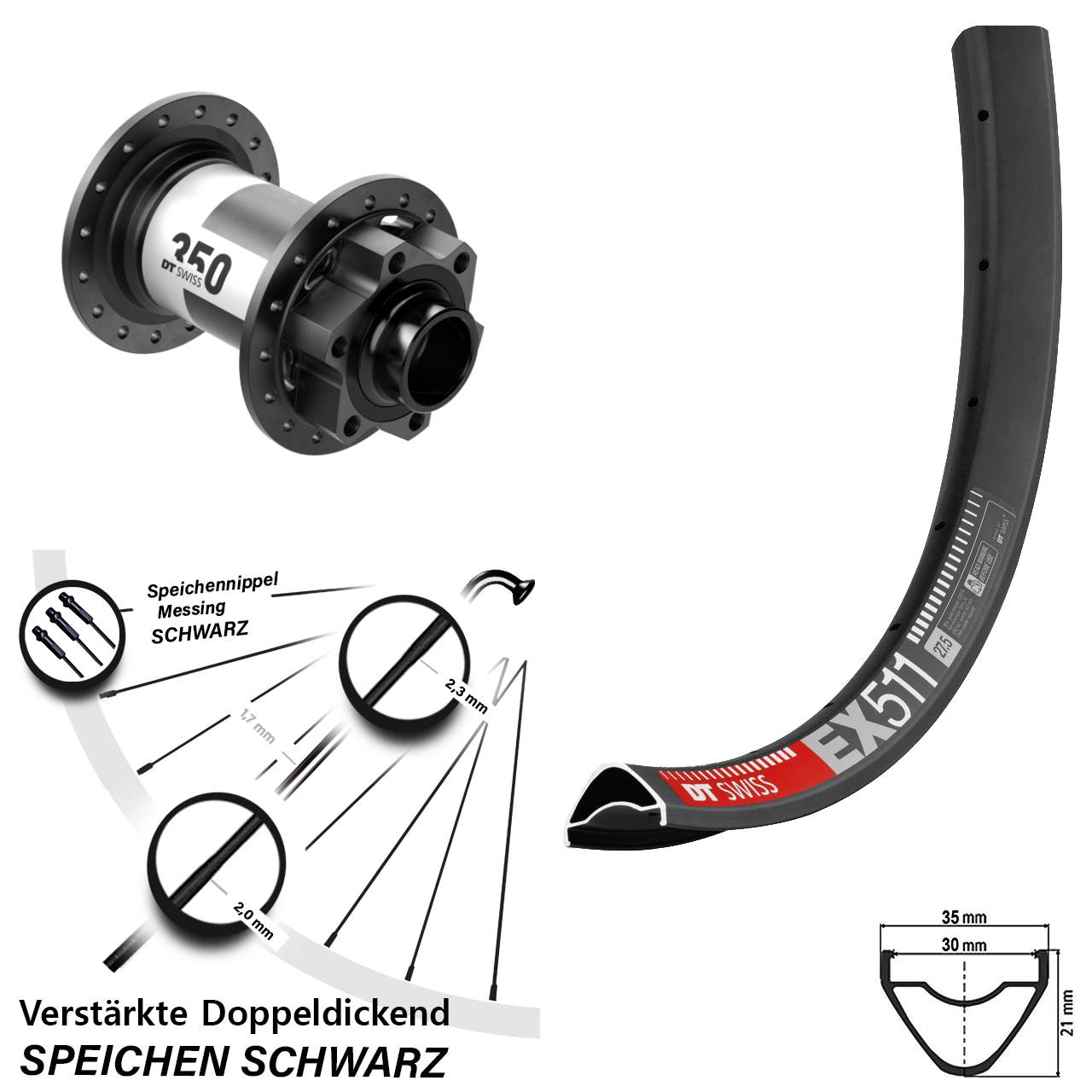 DT Swiss EX 511-350 27,5 Zoll Vorderrad 6-Loch 20x110 Boost