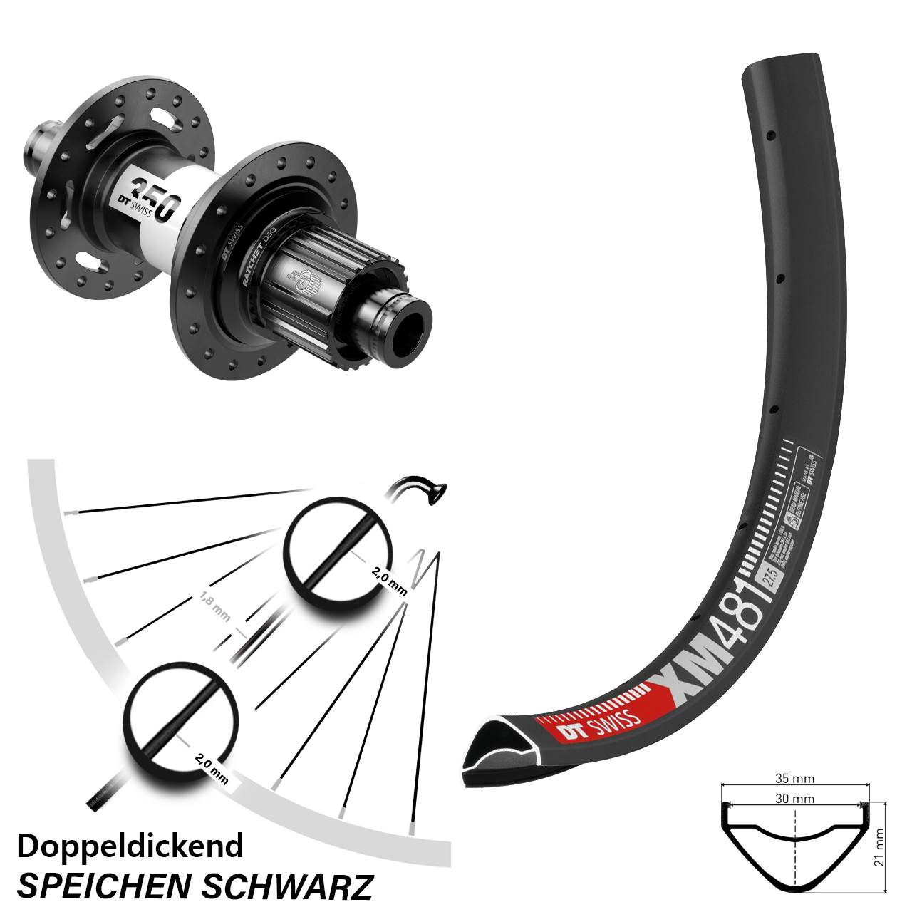 27,5 Zoll DT Swiss XM481-350 DEG 72 Disc Laufrad 12x148 Micro Spline