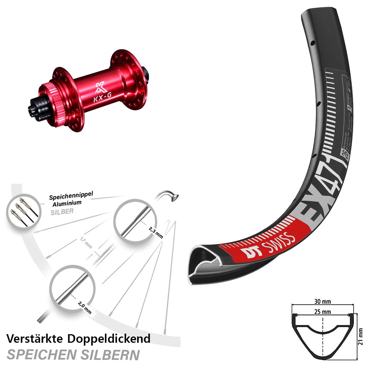 DT Swiss EX 471 Disc-Vorderrad 29 Zoll mit KX-G Schnellspanner 5x100 Nabe rot-eloxiert