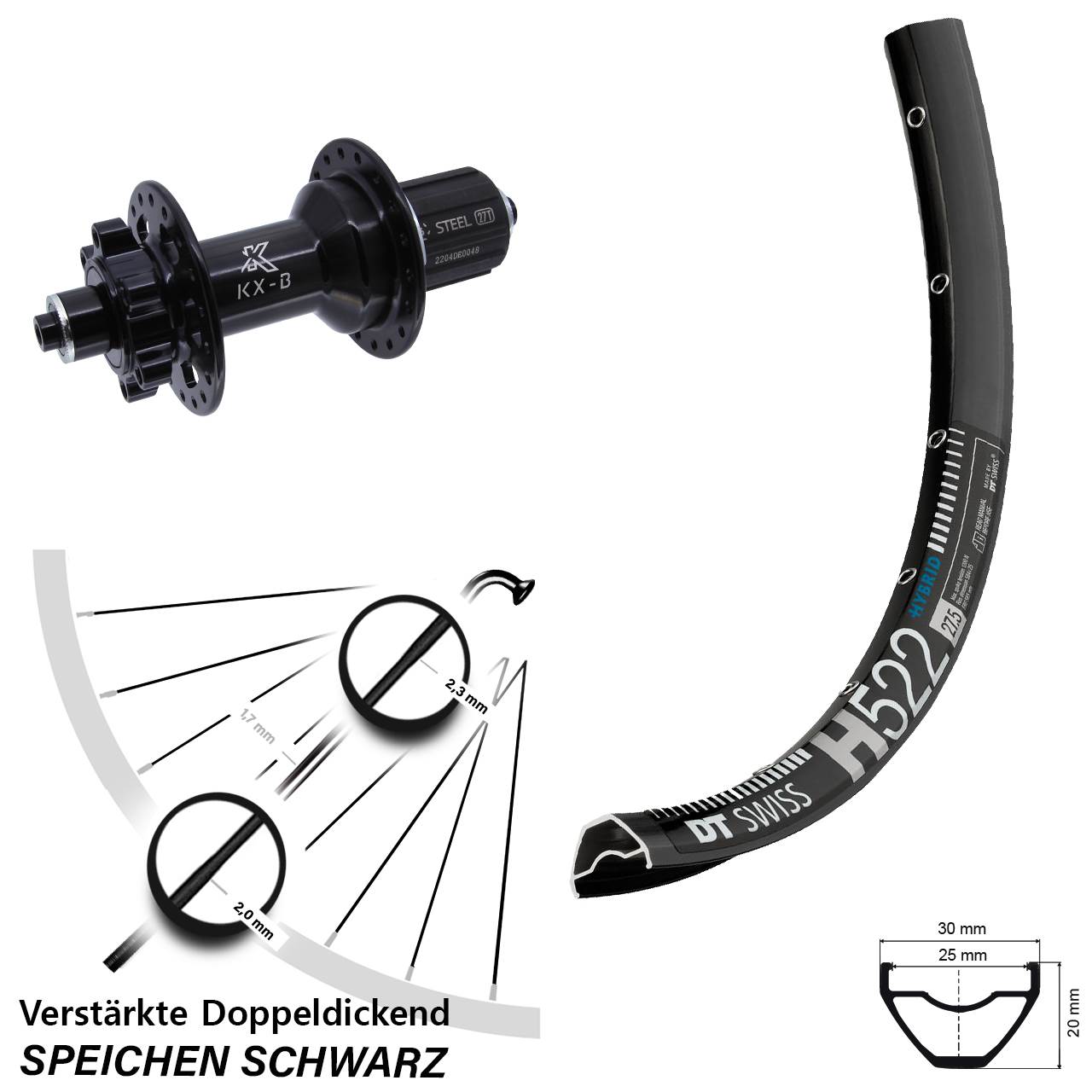 Disc Hinterrad 28 Zoll DT Swiss H 522 KX-B 8-12 fach für Schnellspanner Boost