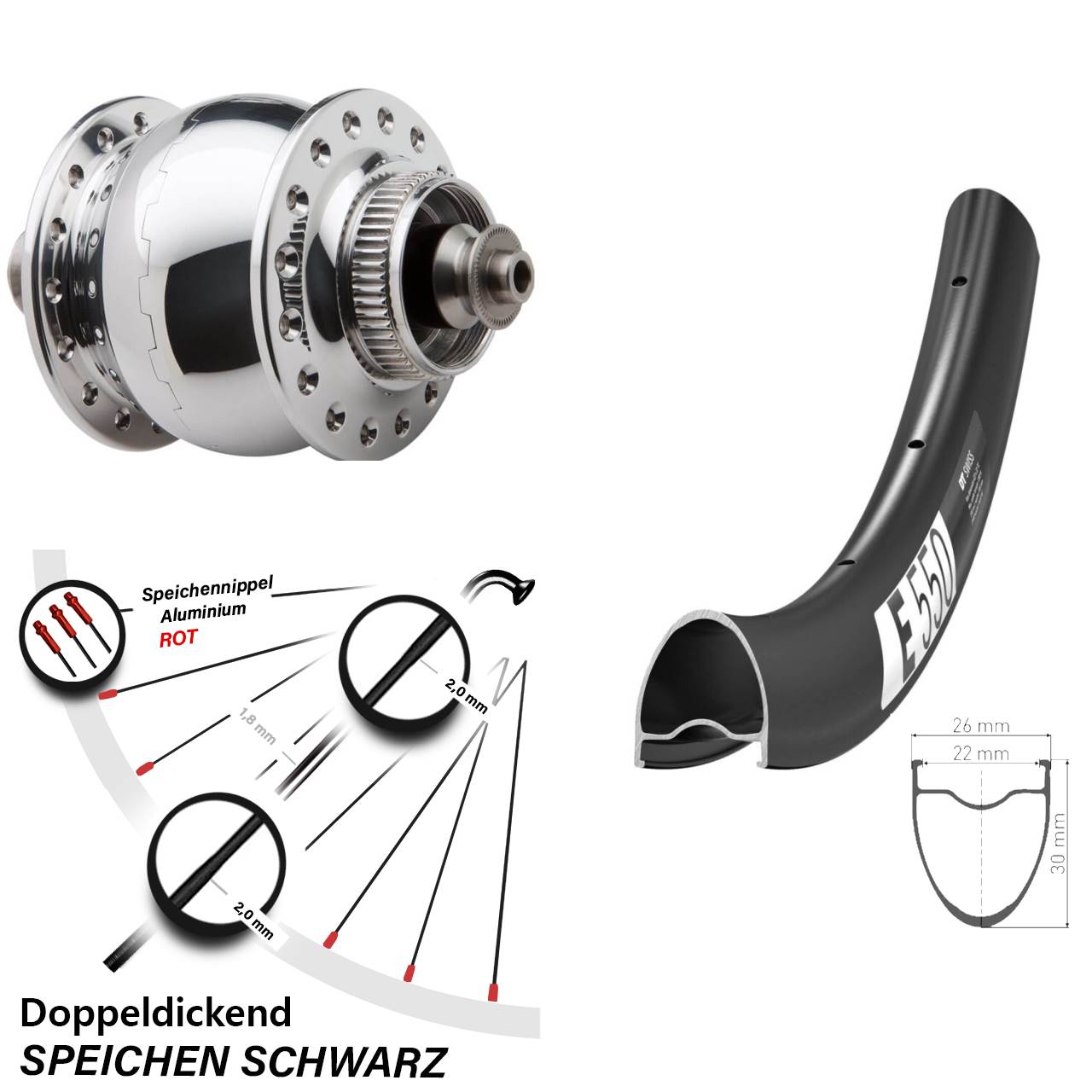 Nabendynamo-Vorderrad Centerlock 28 Zoll DT Swiss E550 SON 28 poliert QR