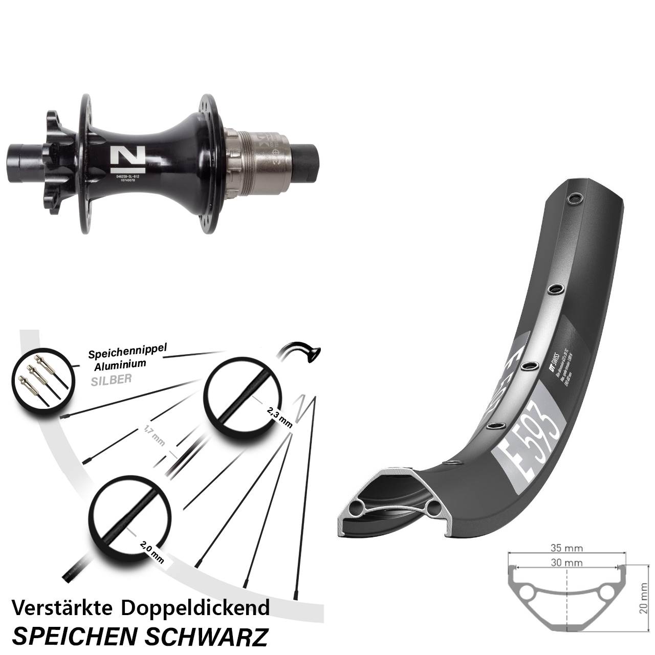 27,5 Zoll DT Swiss E593 Novatec D462 6-Loch Hinterrad 12x148 SRAM XD
