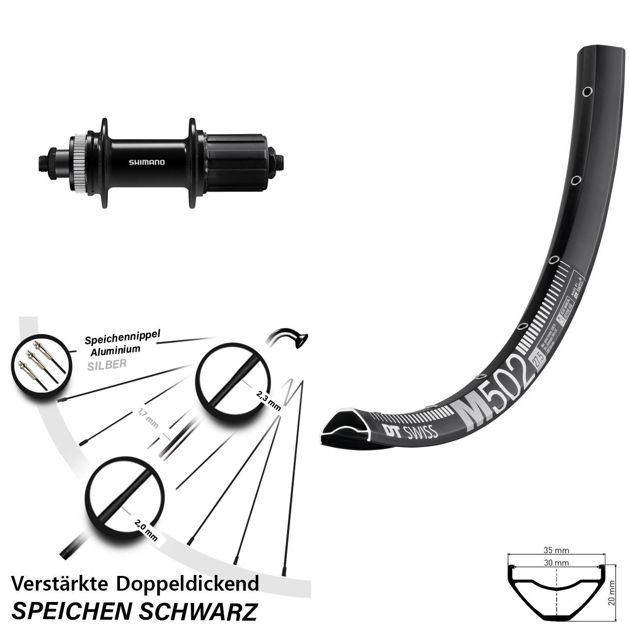 Hinterrad Centerlock QR 27,5 Zoll DT Swiss M 502 Shimano FH-QC400 8-11 fach