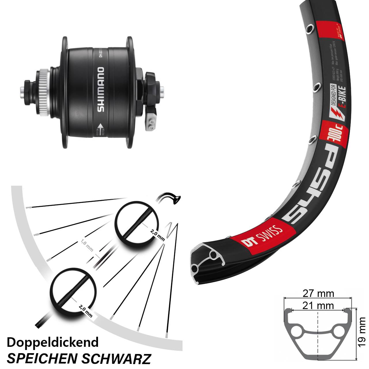 26 Zoll DT Swiss 545d Shimano DH-3D37 Disc Nabendynamolaufrad QR