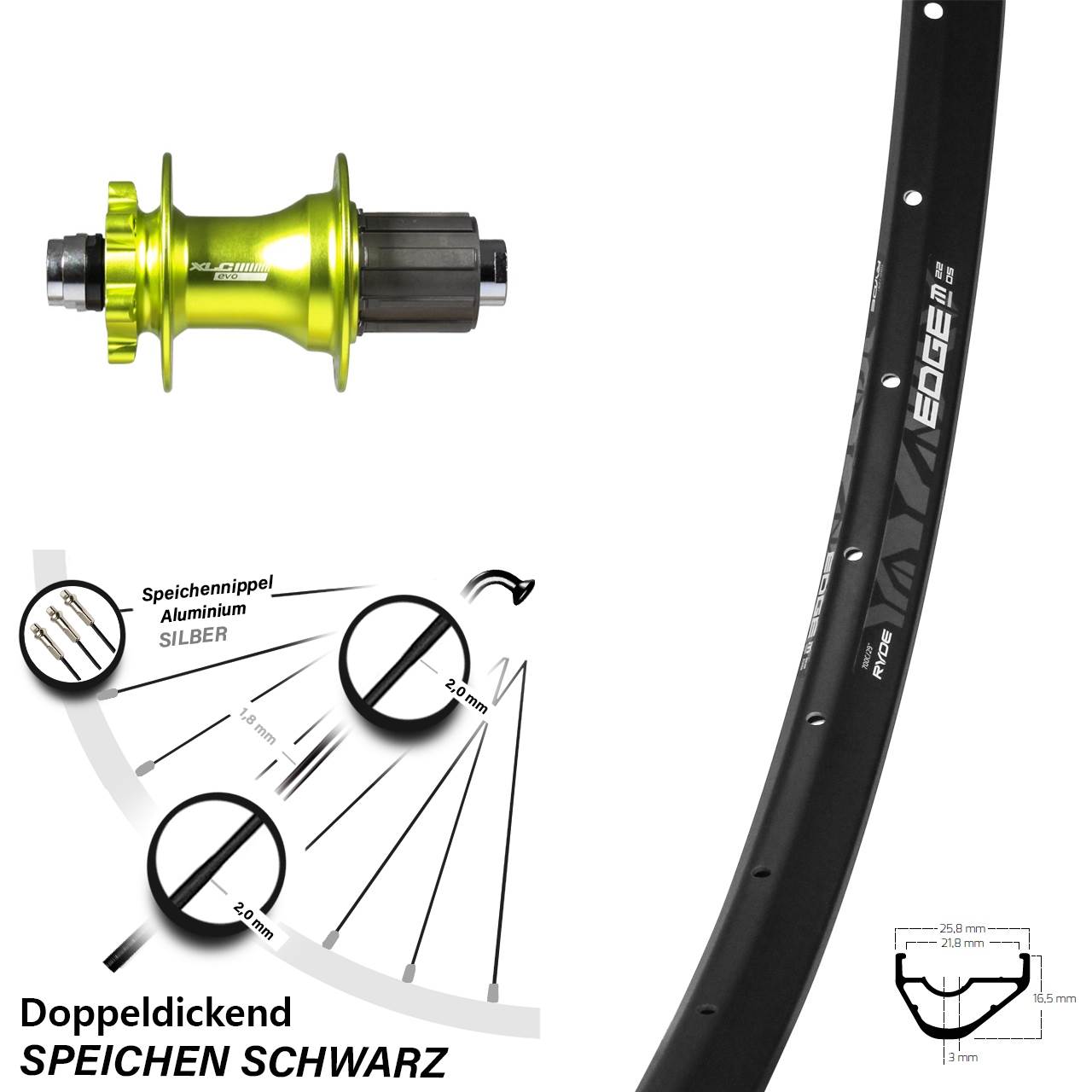 29 Zoll Hinterrad Ryde Edge M22 OS mit XLC Evo Nabe grün Steckachse 8-11 fach