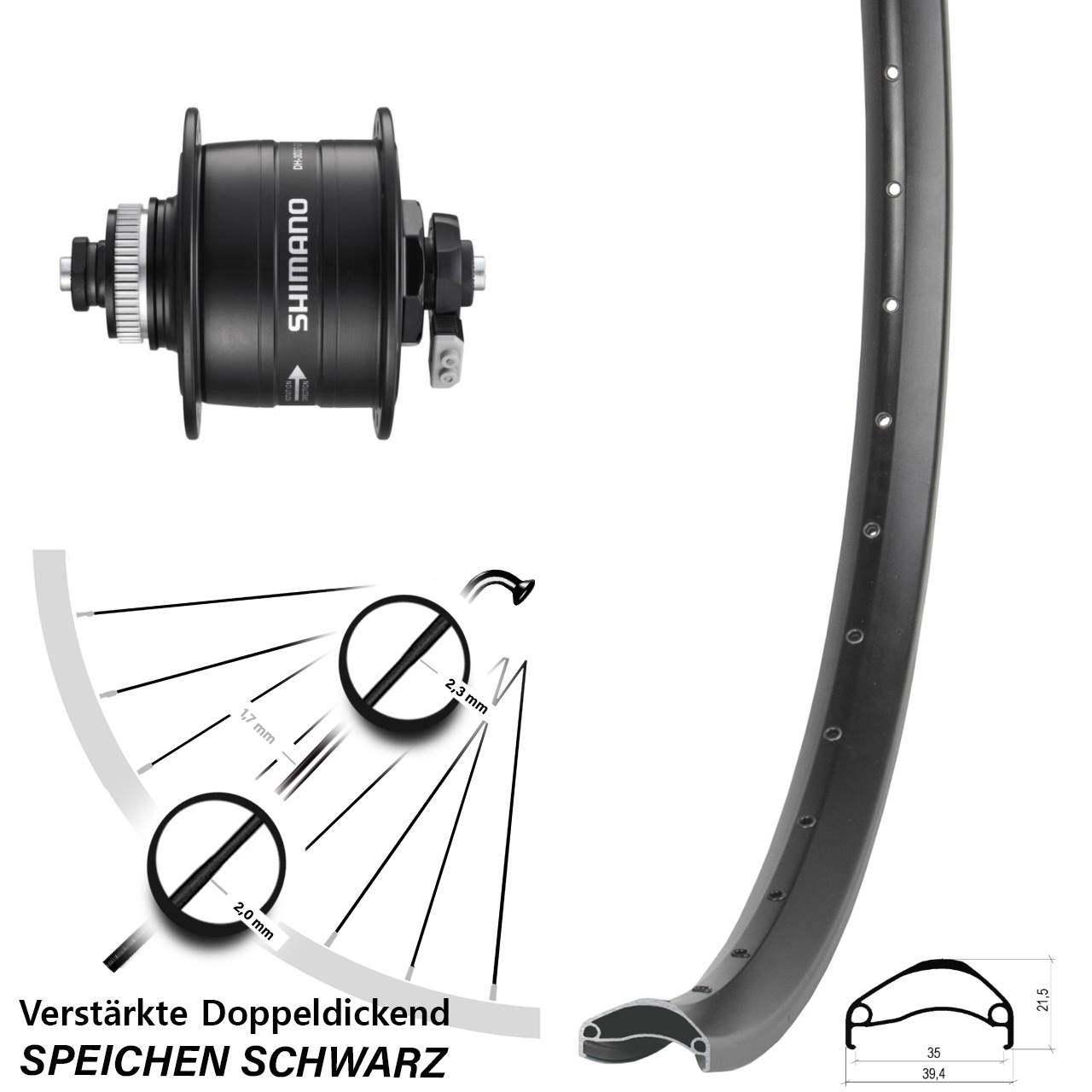 Disc Nabendynamo-Laufrad 29 Zoll Ambrosio E35 Shimano DH-3D37 QR