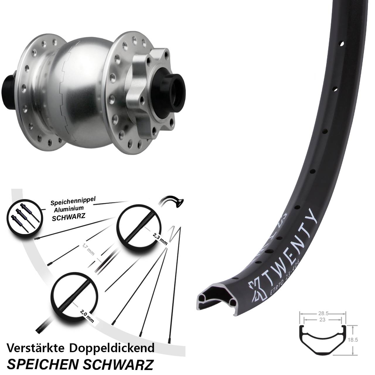 Disc Laufrad mit Nabendynamo 20 Zoll KX Twenty SON 28 silbern 15x110 Boost