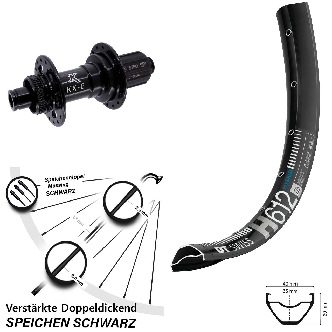 Hinterrad Centerlock 27,5 Zoll DT Swiss H 612 KX-E Heavy Duty 8-12 fach HG 12x148 Boost