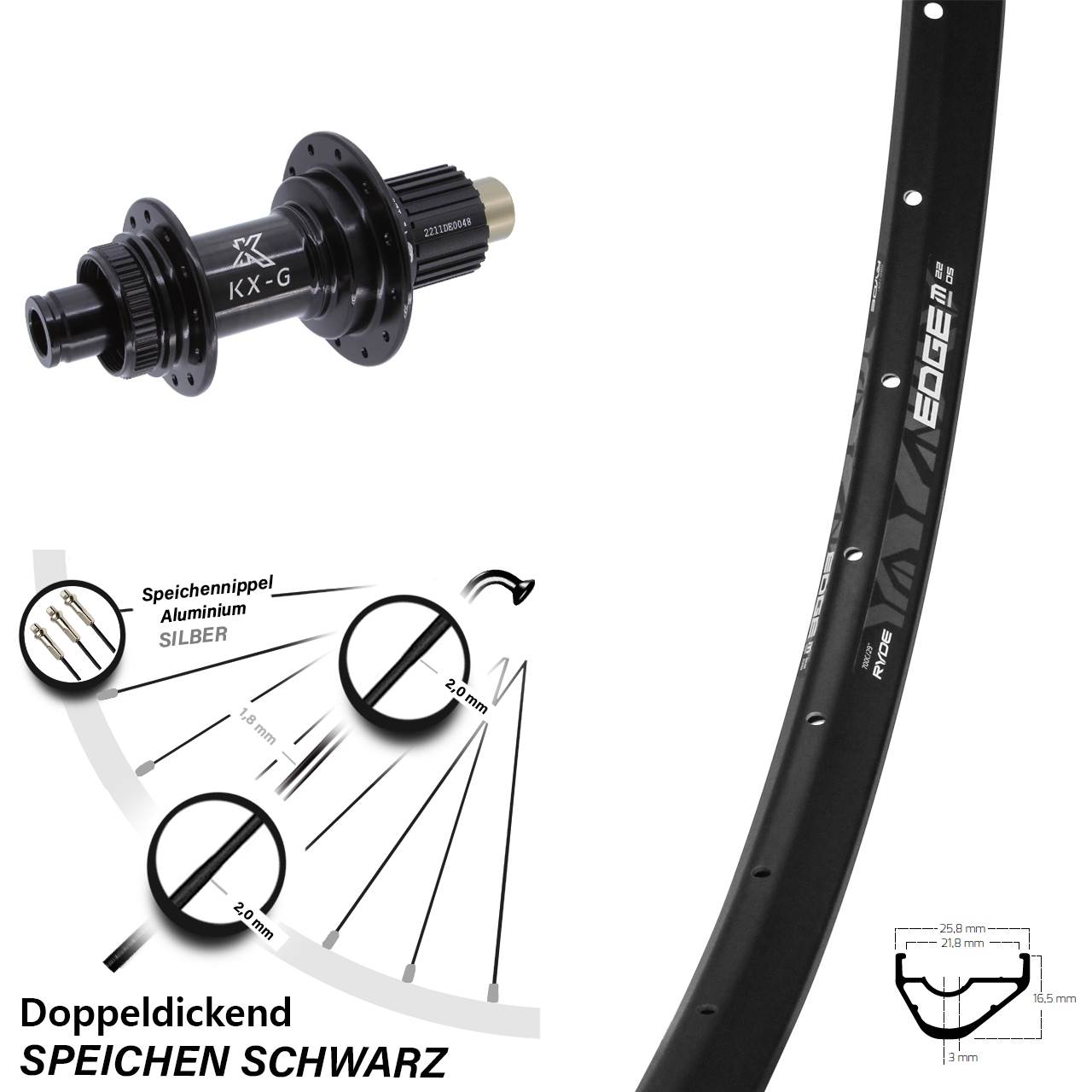 28 Zoll Ryde Edge M22 KX-G Disc Hinterrad 12x142 Micro Spline