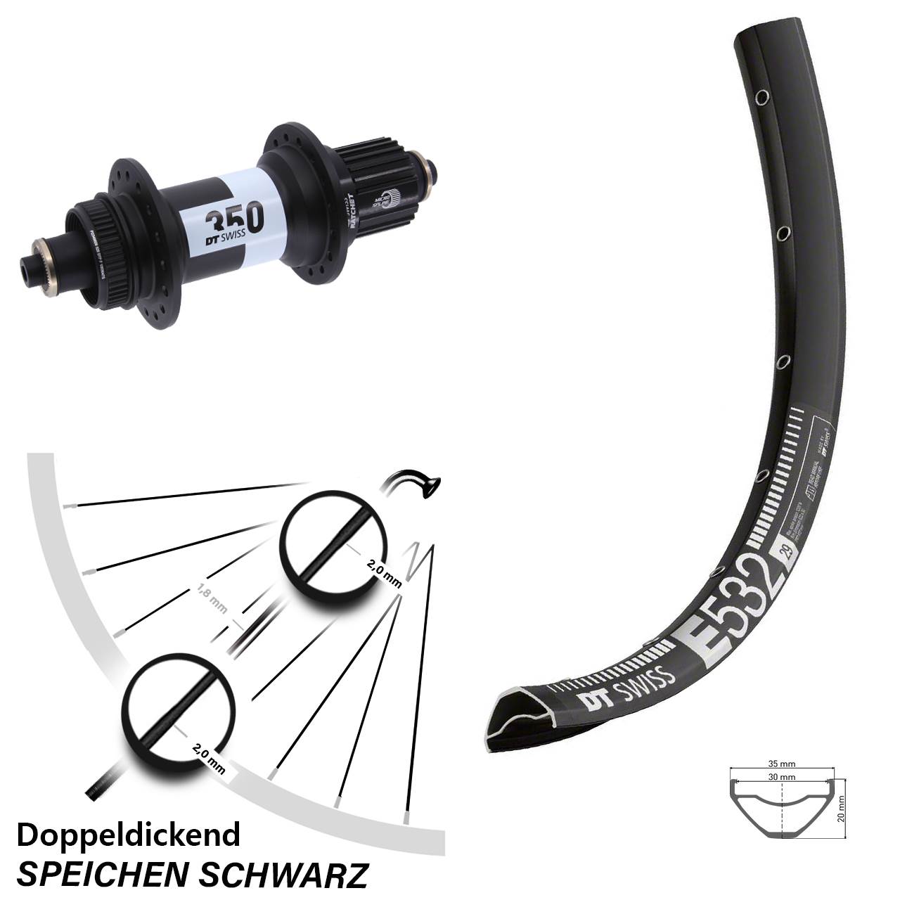 29 Zoll DT Swiss E 532 DT Swiss 350 Boost Disc Hinterrad QR Boost Micro Spline