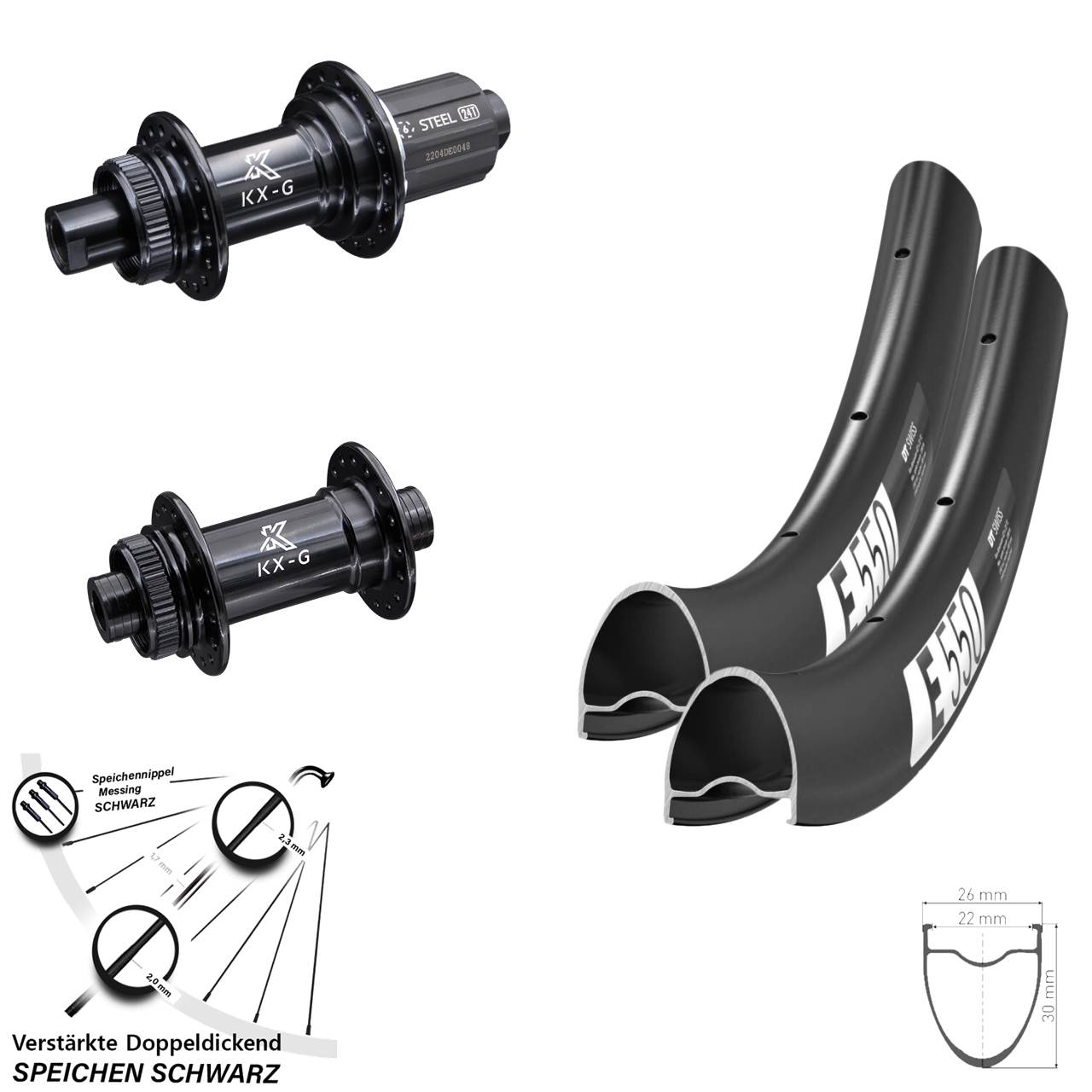 DT Swiss E550 KX-GS Gravel verstärkt 28 Zoll Laufrad-Satz 12x100/142 8-12 fach