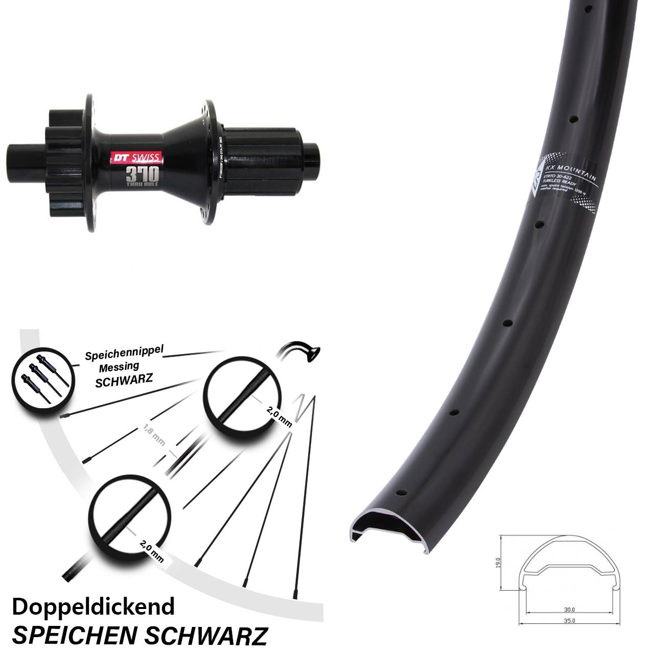 6-Loch Hinterrad 29 Zoll KX Mountain DT Swiss 370 8-11 fach 12x142