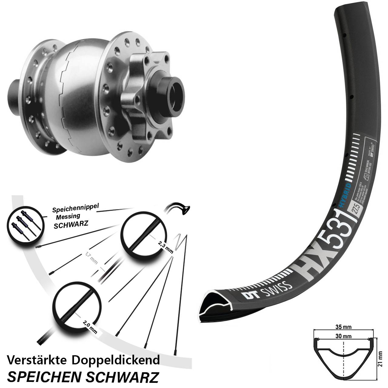 Disc Laufrad mit Nabendynamo 29 Zoll DT Swiss HX531 SON 28 15x100