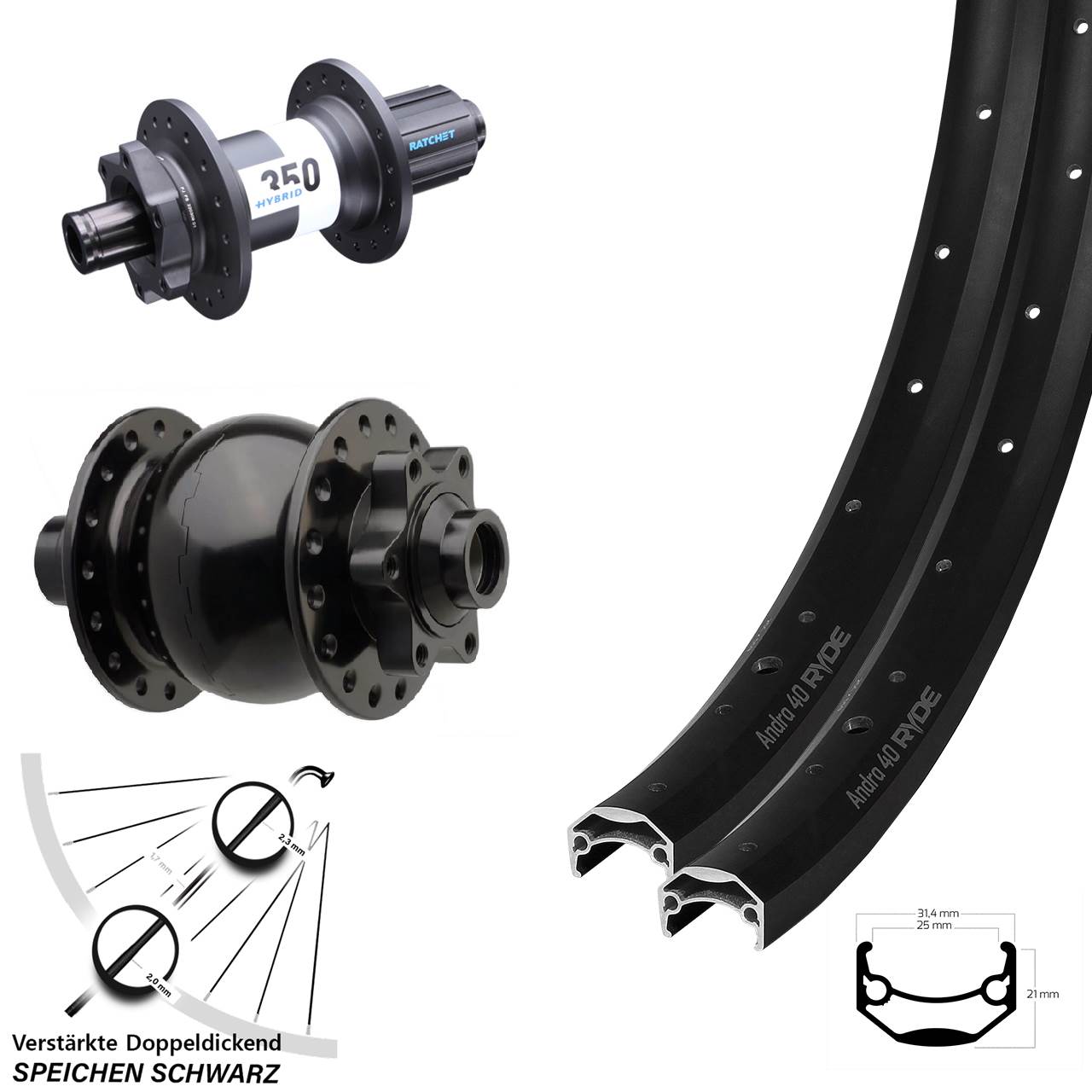 Boost Disc Laufradsatz 20 Zoll Ryde Andra 40 DT Swiss 350 Hybrid SON 28 8-11 fach