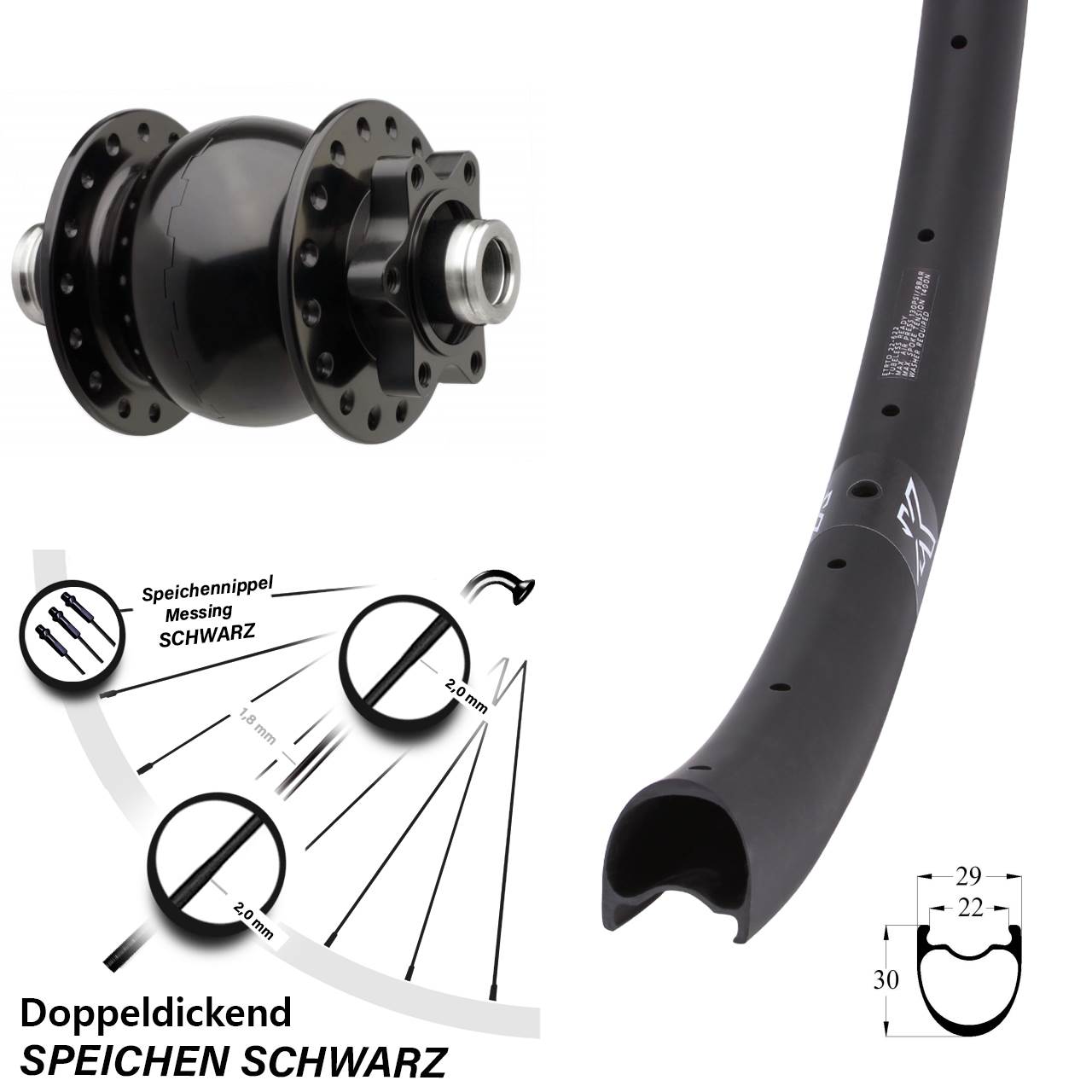 6-Loch Dynamo-Vorderrad 28-29 Zoll KX-RC Gravel Carbon SON 28 12x110 Boost