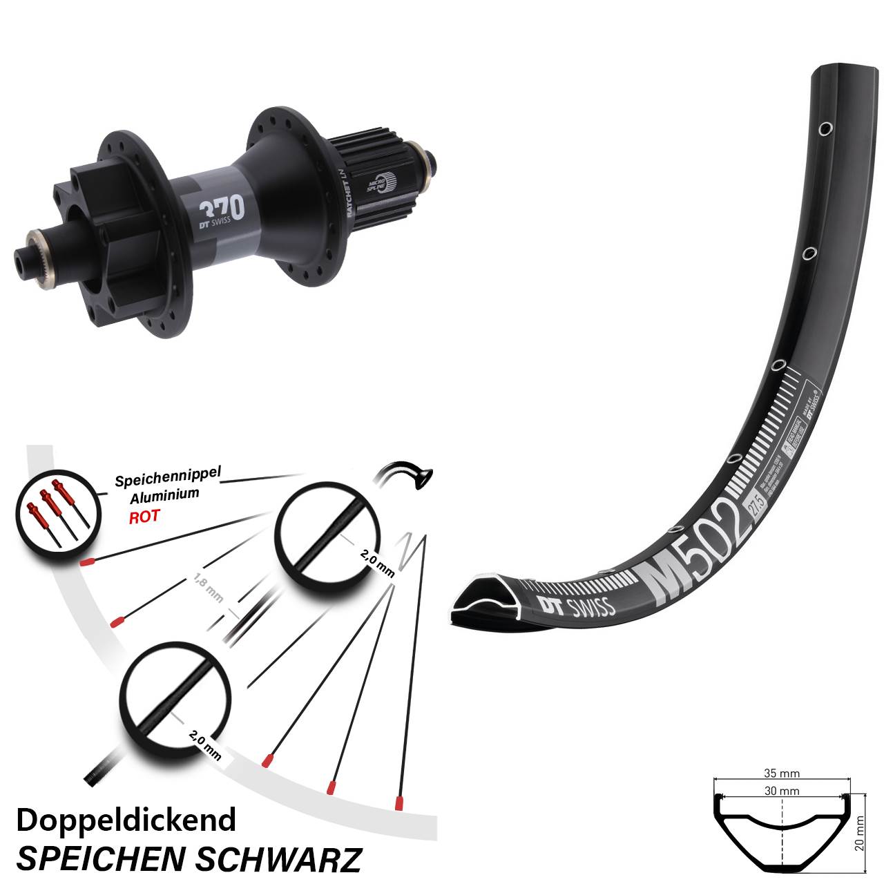 29 Zoll DT Swiss M 502 370 Boost 6-Loch Hinterrad QR Micro Spline