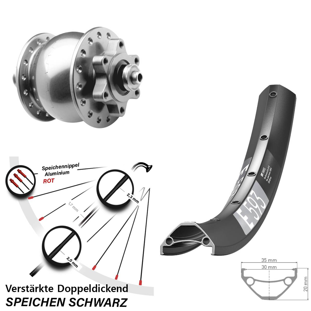 Nabendynamovorderrad 6-Loch für Schnellspanner 27,5 Zoll DT Swiss E 593 SON 28