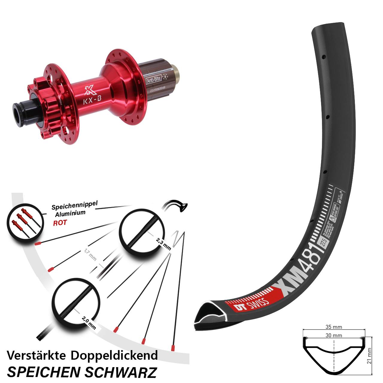 27,5 Zoll DT Swiss XM481 KX-B rot Hinterrad 12x148 Boost 6-Loch 8-12 fach HG