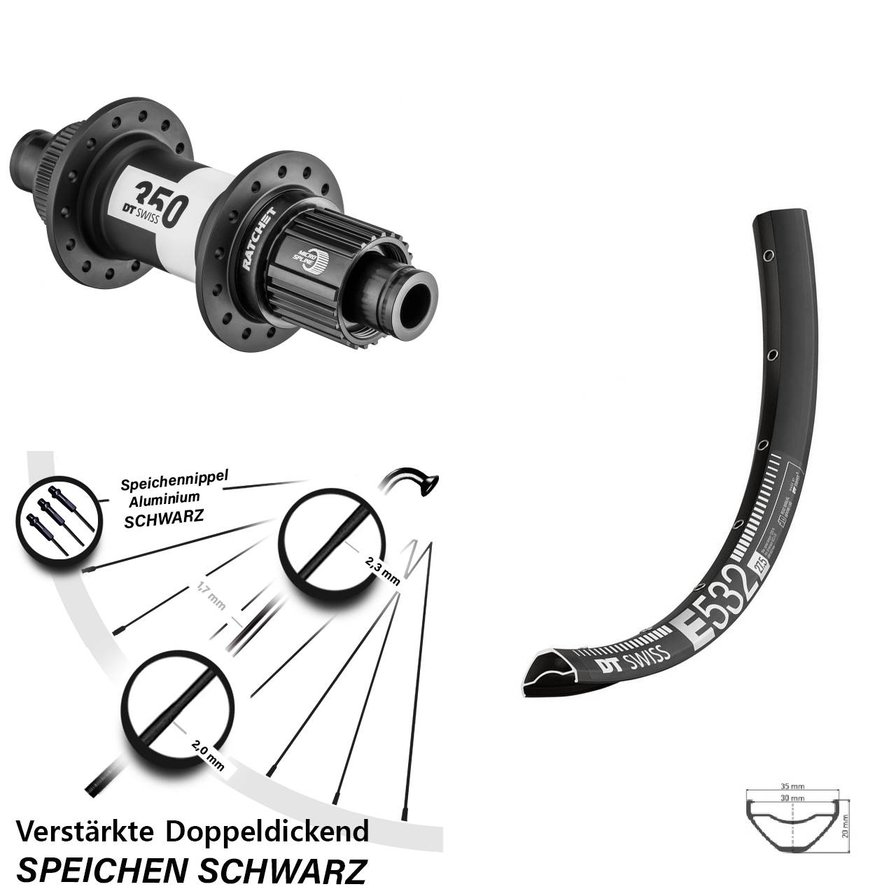 29 Zoll DT Swiss E532-350 Ratchet 36 Hinterrad 12x148 Boost Micro Spline