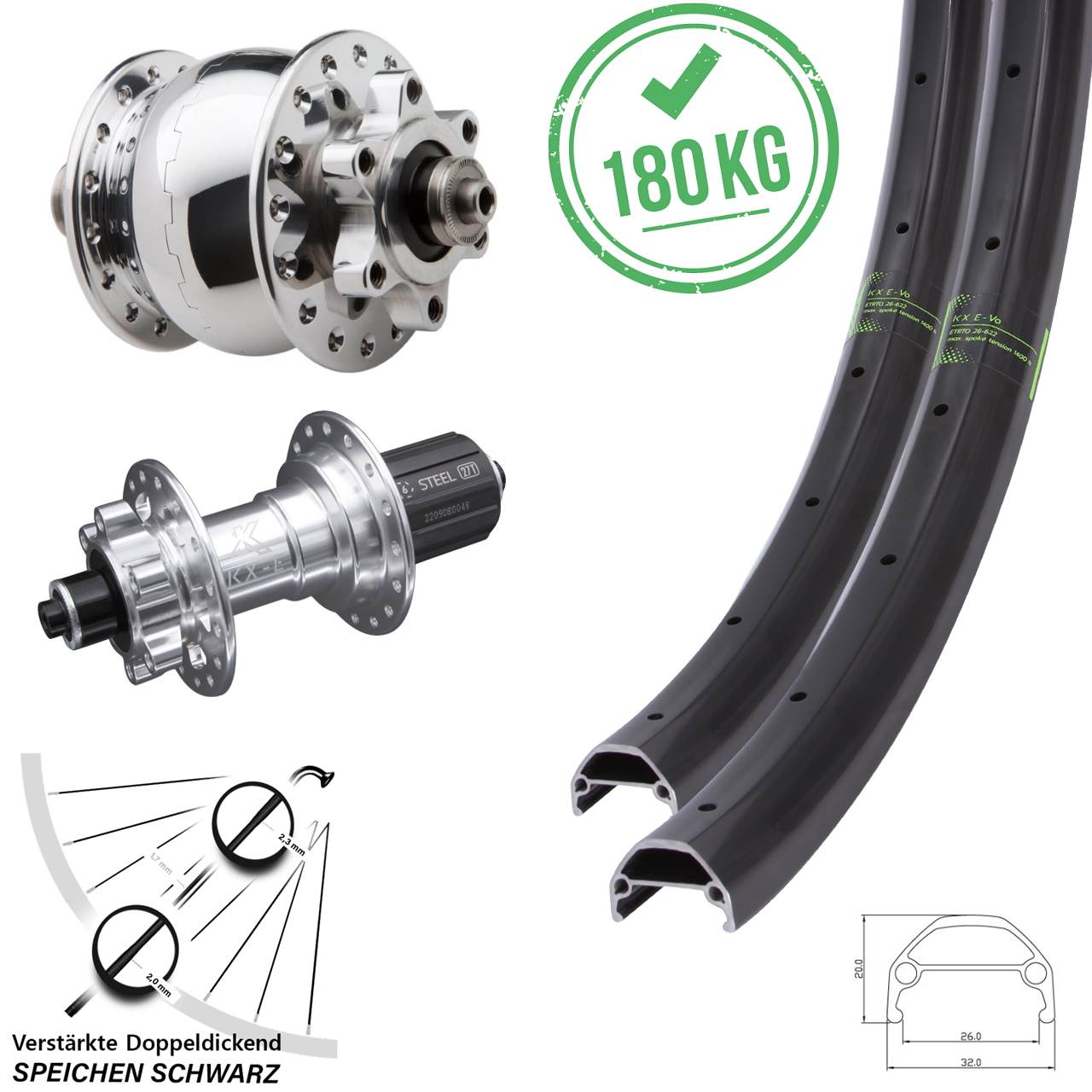 20/26 Zoll KX-Evo Heavy Duty SON 28 6-Loch Laufradsatz für Schnellspanner 8-12 fach