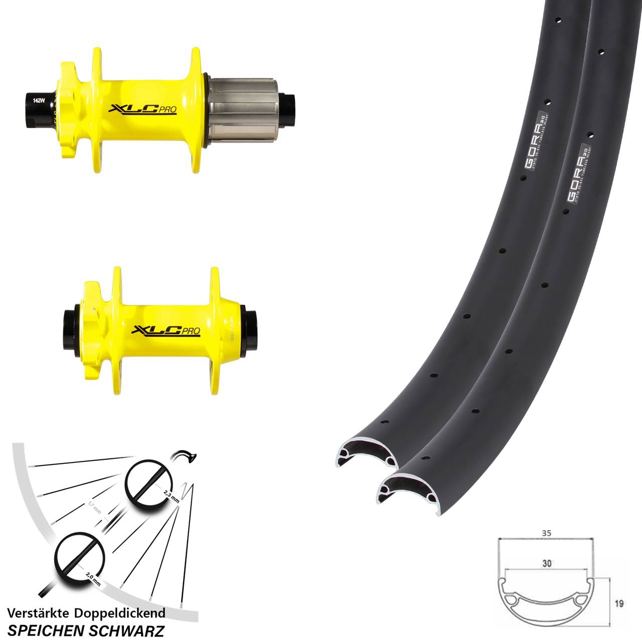 Laufradsatz 6-Loch 15x100 12x142 26 Zoll Gora 30 XLC Pro gelb 8-11 fach