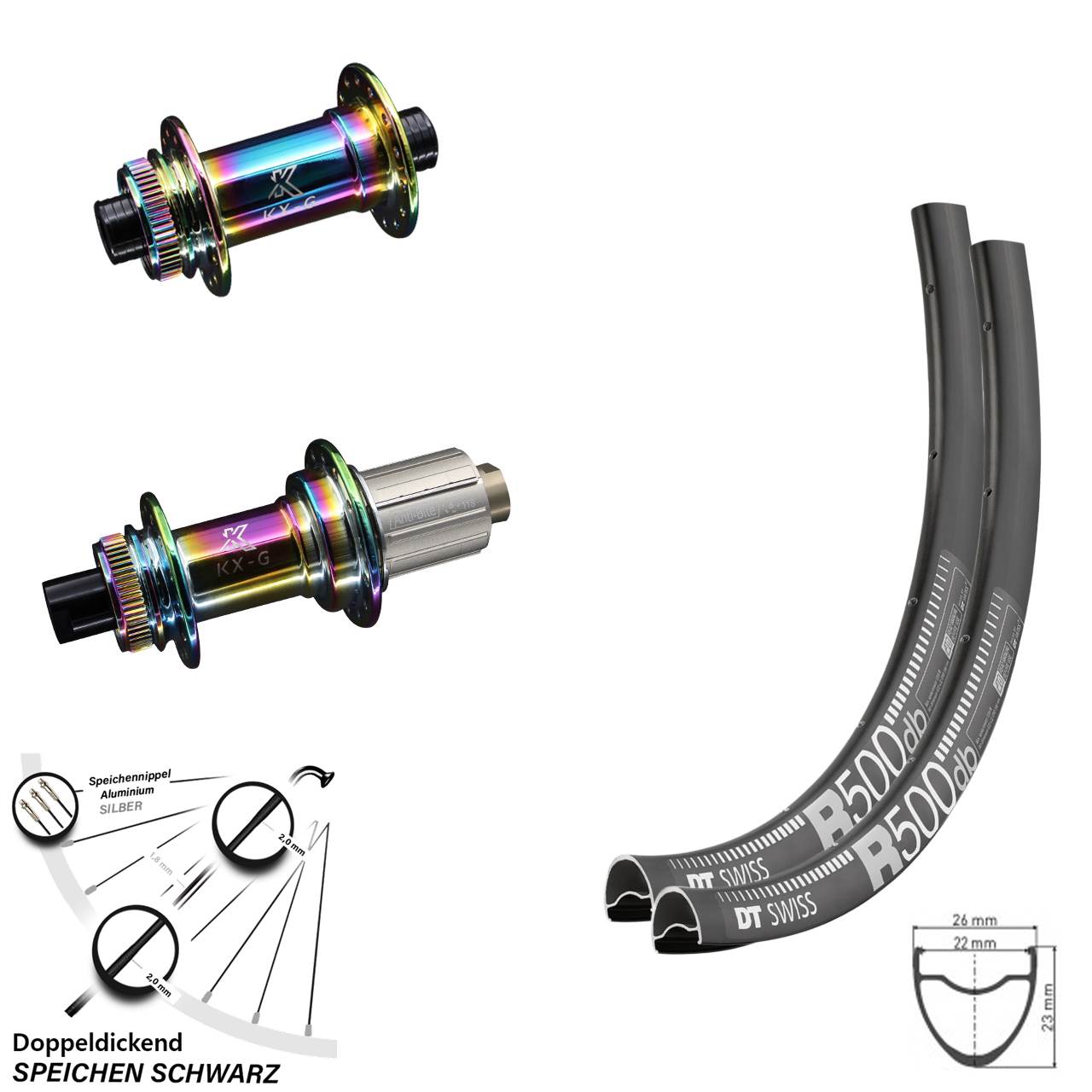 Laufradsatz Road Disc Steckachse DT Swiss R 500 KX-G Oilslick 8-12 fach