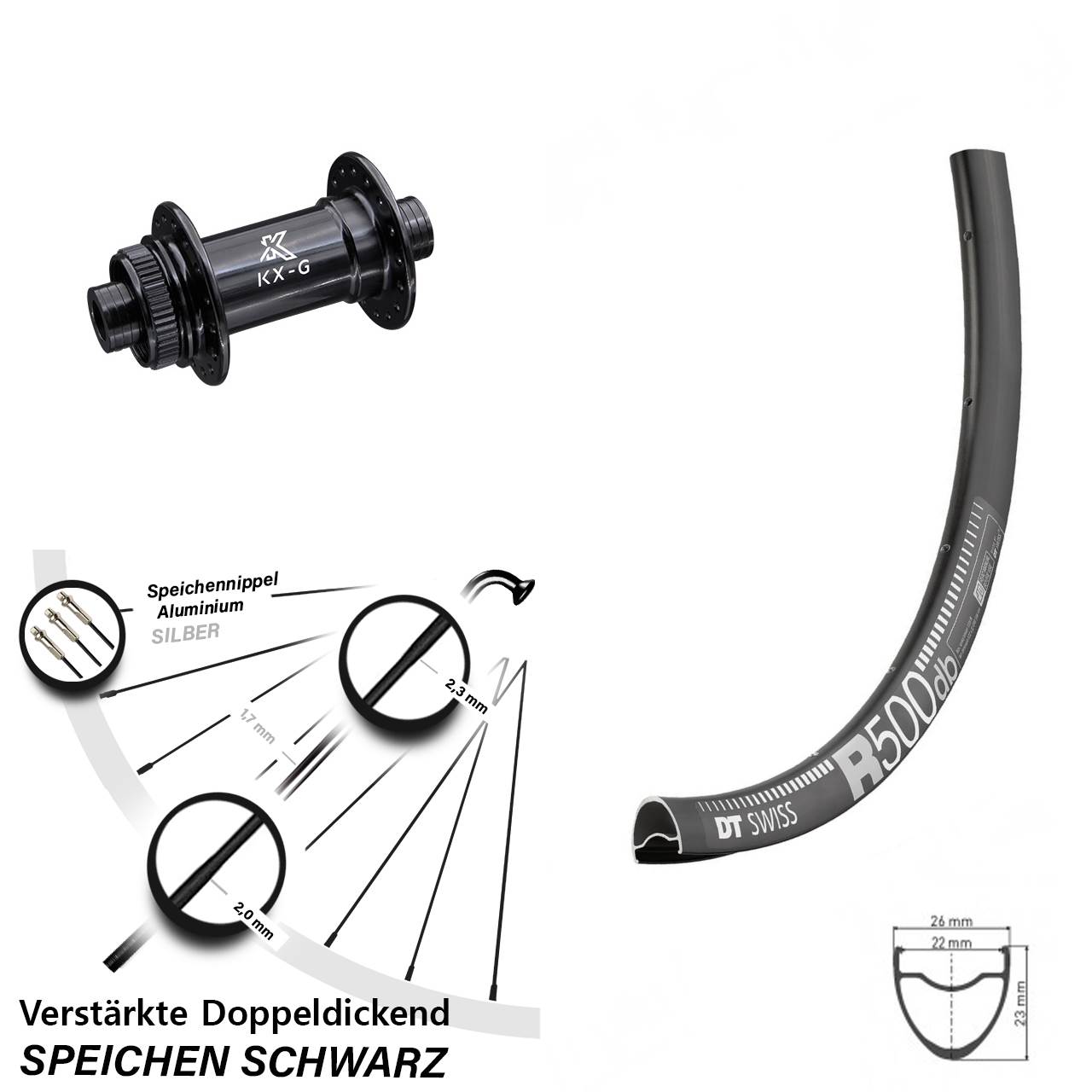 Road Disc DT Swiss R 500 Vorderrad 28 Zoll verstärkt mit KX-G Nabe 15x100 mm Centerlock
