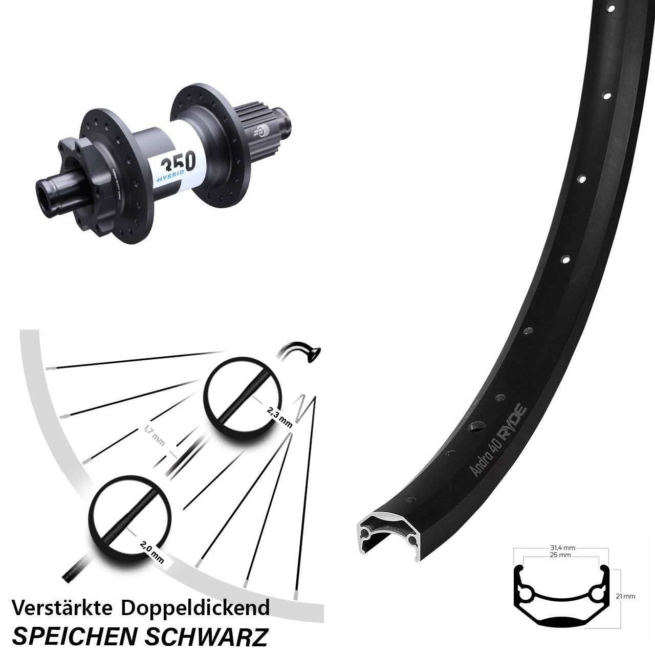 650B Ryde Andra 40 DT Swiss Hybrid 350 6-Loch Hinterrad 12x148 Shimano Micro Spline
