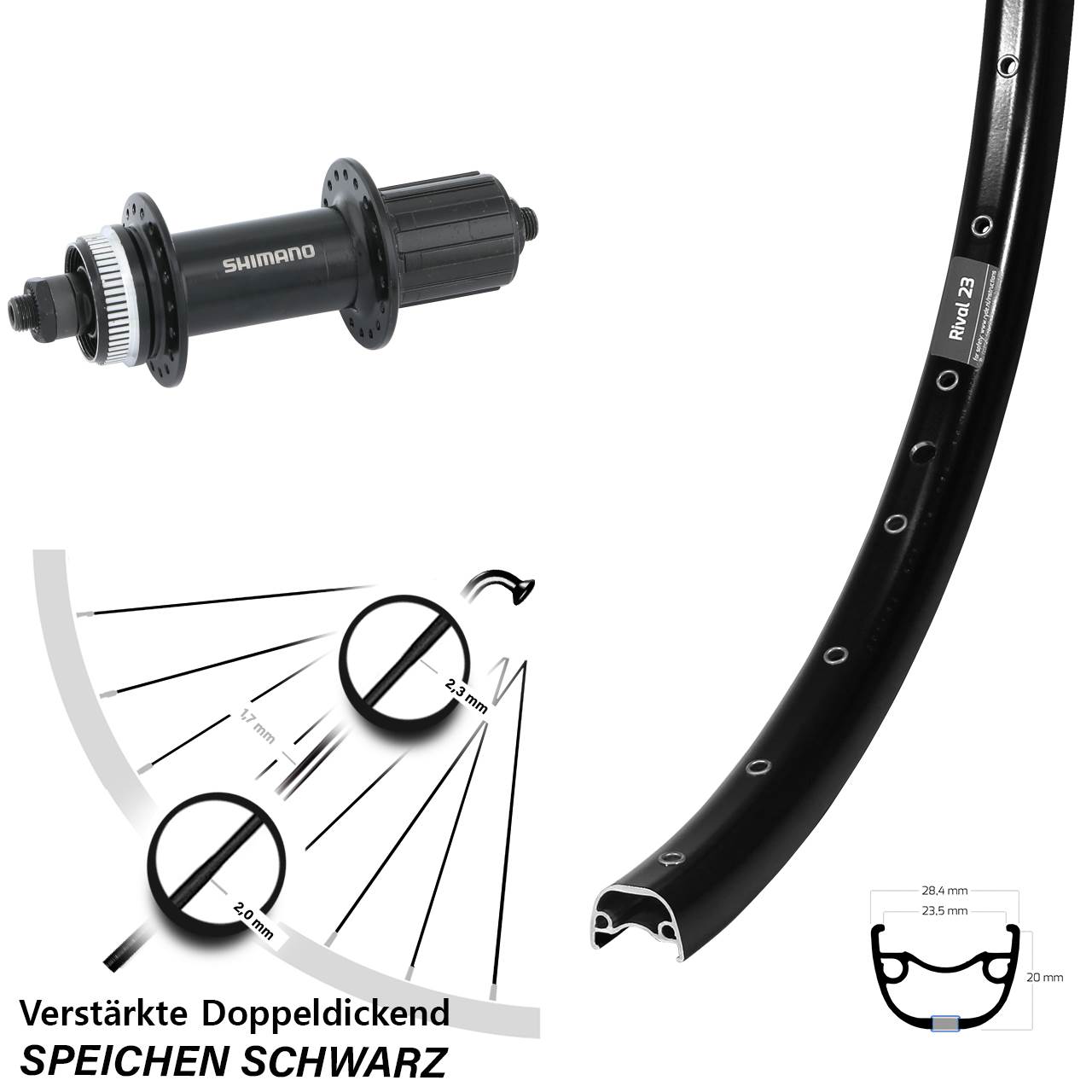 650B Ryde Rival 23 Shimano FH-MT200-B Disc Hinterrad QR Boost 8-11 fach