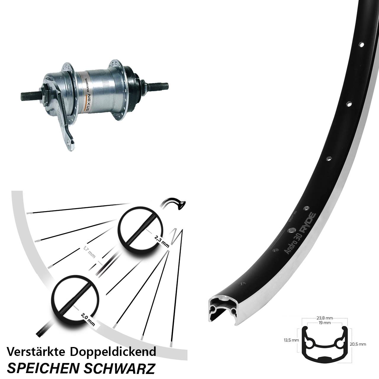 Shimano 3 Gang Nabenschaltungs-Hinterrad 28 Zoll Ryde Andra 30 schwarz
