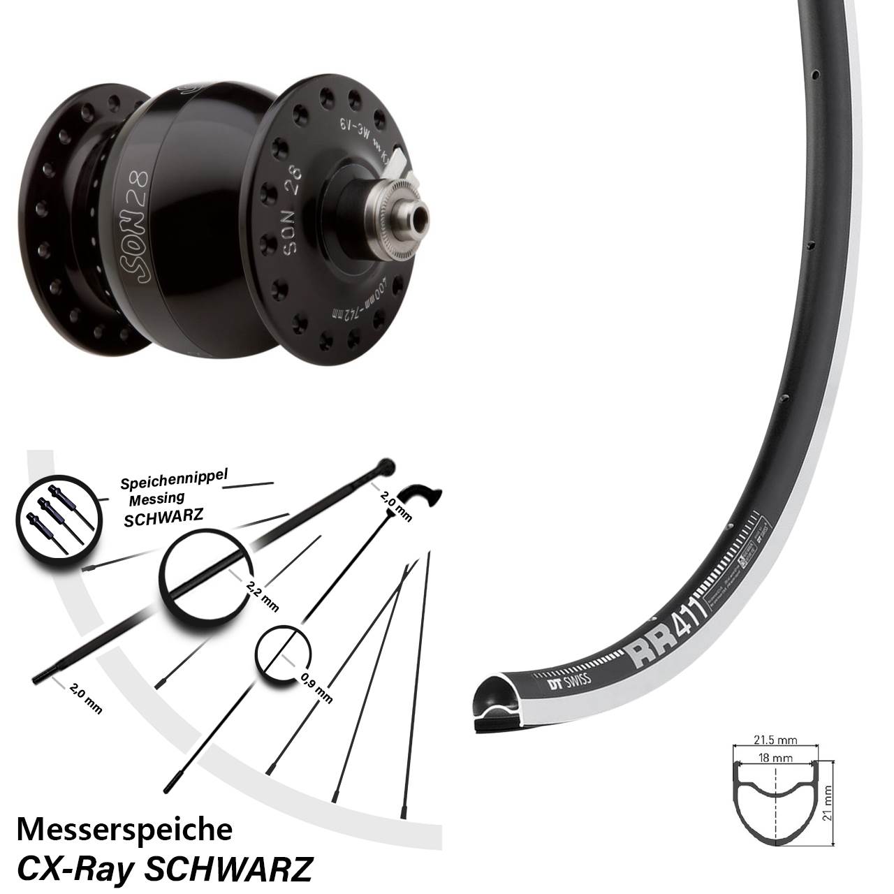 Vorderrad Son 28 Zoll Nabendynamo DT Swiss RR411 CX-Ray