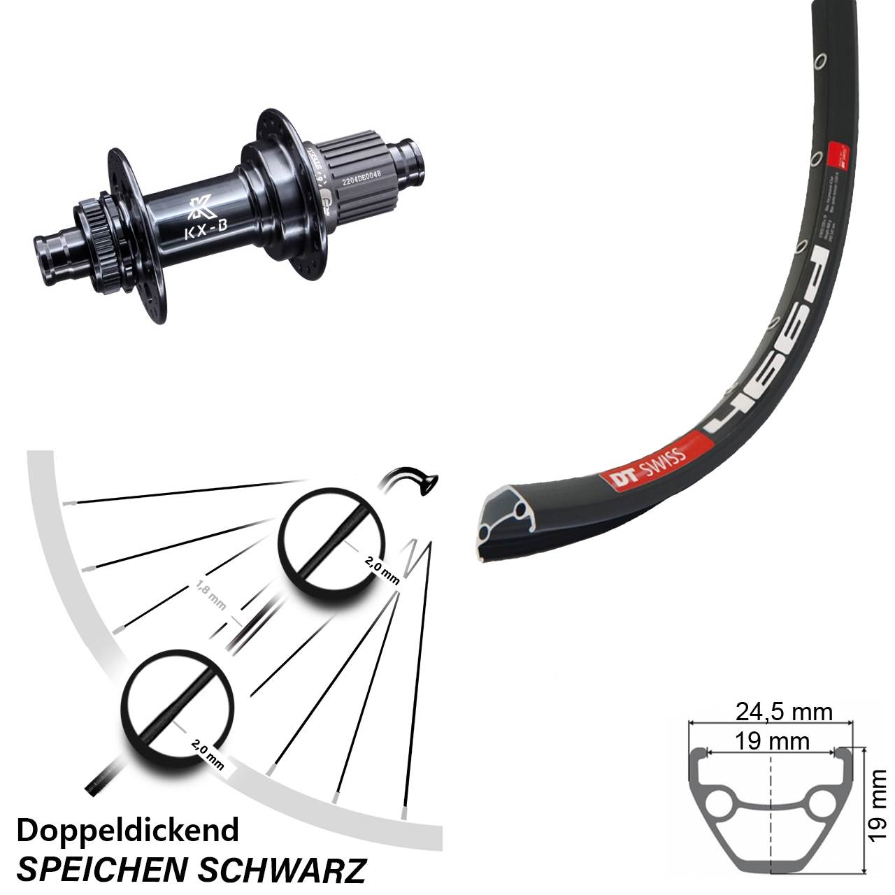 28-29 Zoll DT Swiss 466 KX-B Stahlachse Boost Hinterrad Centerlock 12x148 Micro Spline