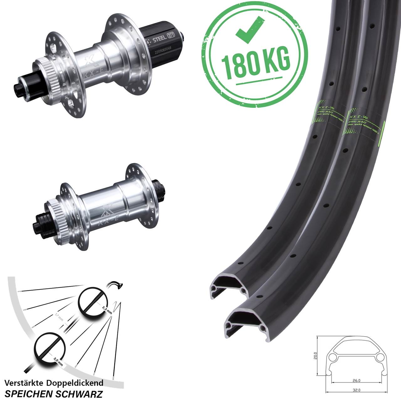 Centerlock Laufradsatz 20 Zoll KX-E Evo verstärkt 8-12 fach QR