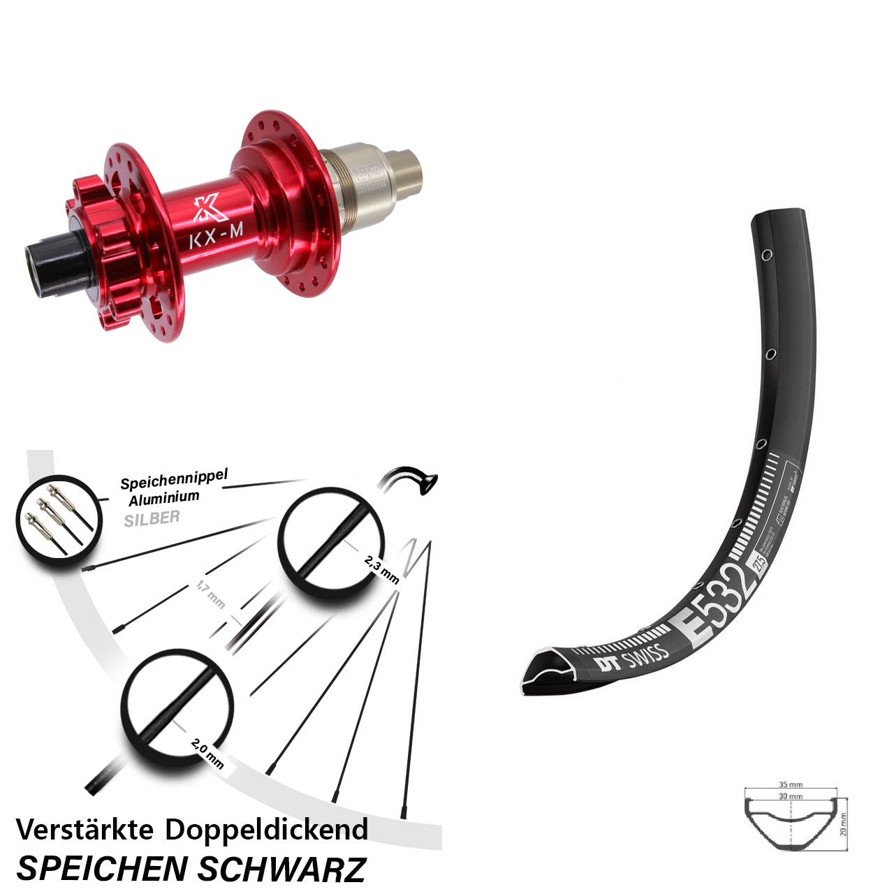 DT Swiss E 532 KX-M rot 27,5 Zoll 6-Loch Hinterrad 12x142 SRAM XD
